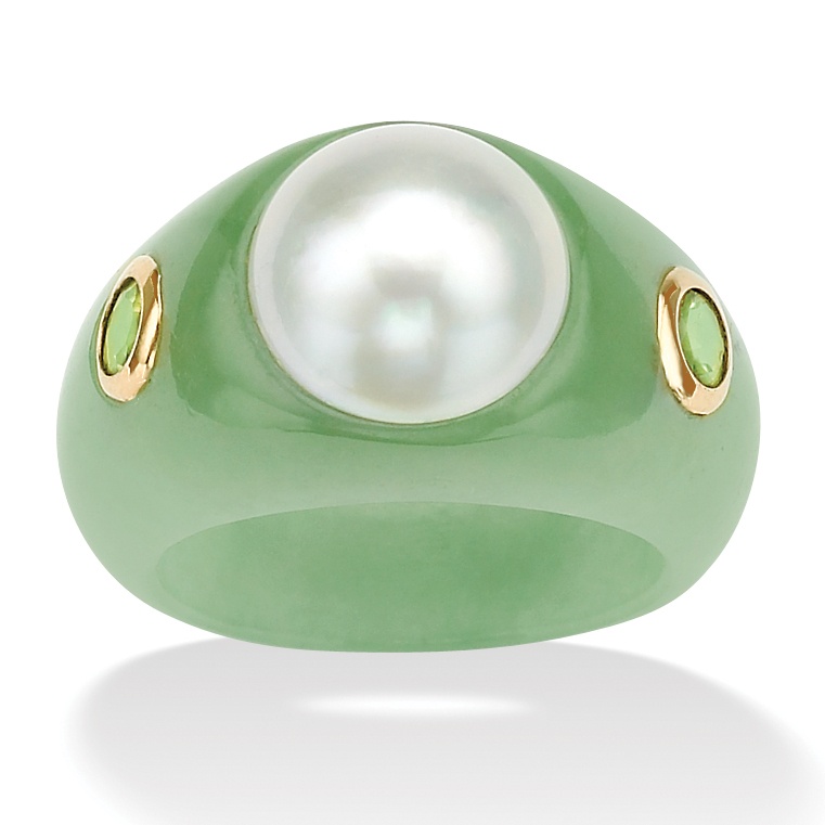 14K Gold Pearl, Green Jade and Peridot Women's Ring