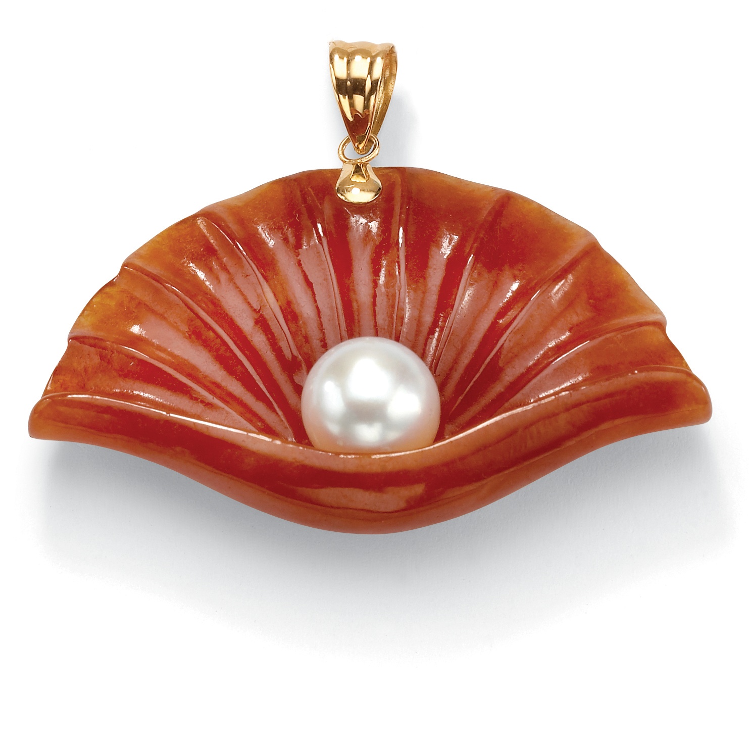 Red Jade & Pearl 14k Gold Fan Pendant