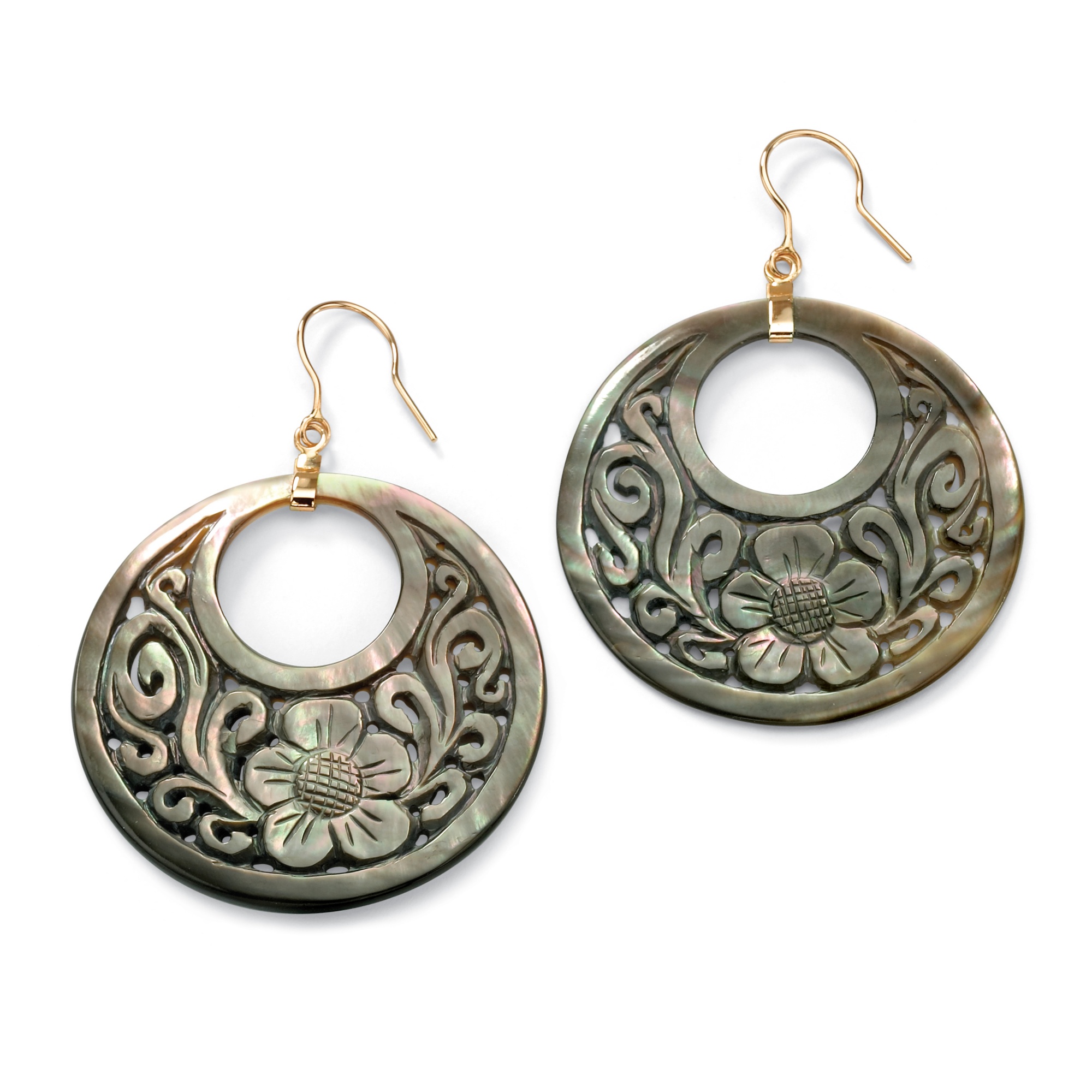 14K Gold Black Mother-of-Pearl Drop Hoop Earrings