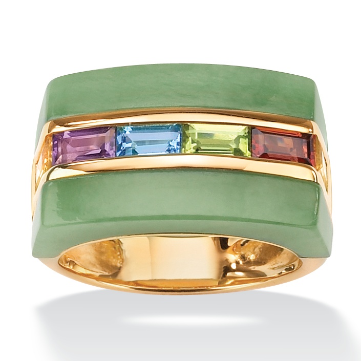 Green Jade Ring With Multi-Gemstones 18k Gold Over Sterling Silver