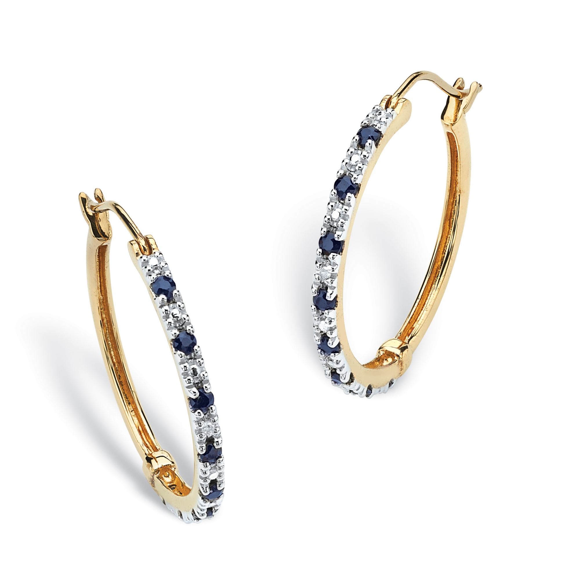 18k Gold Over Silver Midnight Blue Sapphire/Diamond Accent Hoop Pierced Earrings