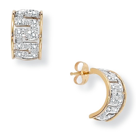 18k Gold Over Silver Diamond Accent Half-Hoop Greek Key Pierced Earrings