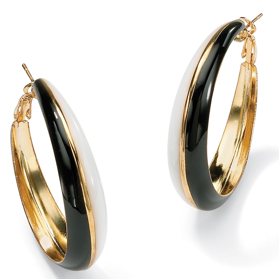 14k Yellow Gold-Plated Black and White Enamel-Finish Hoop Earrings