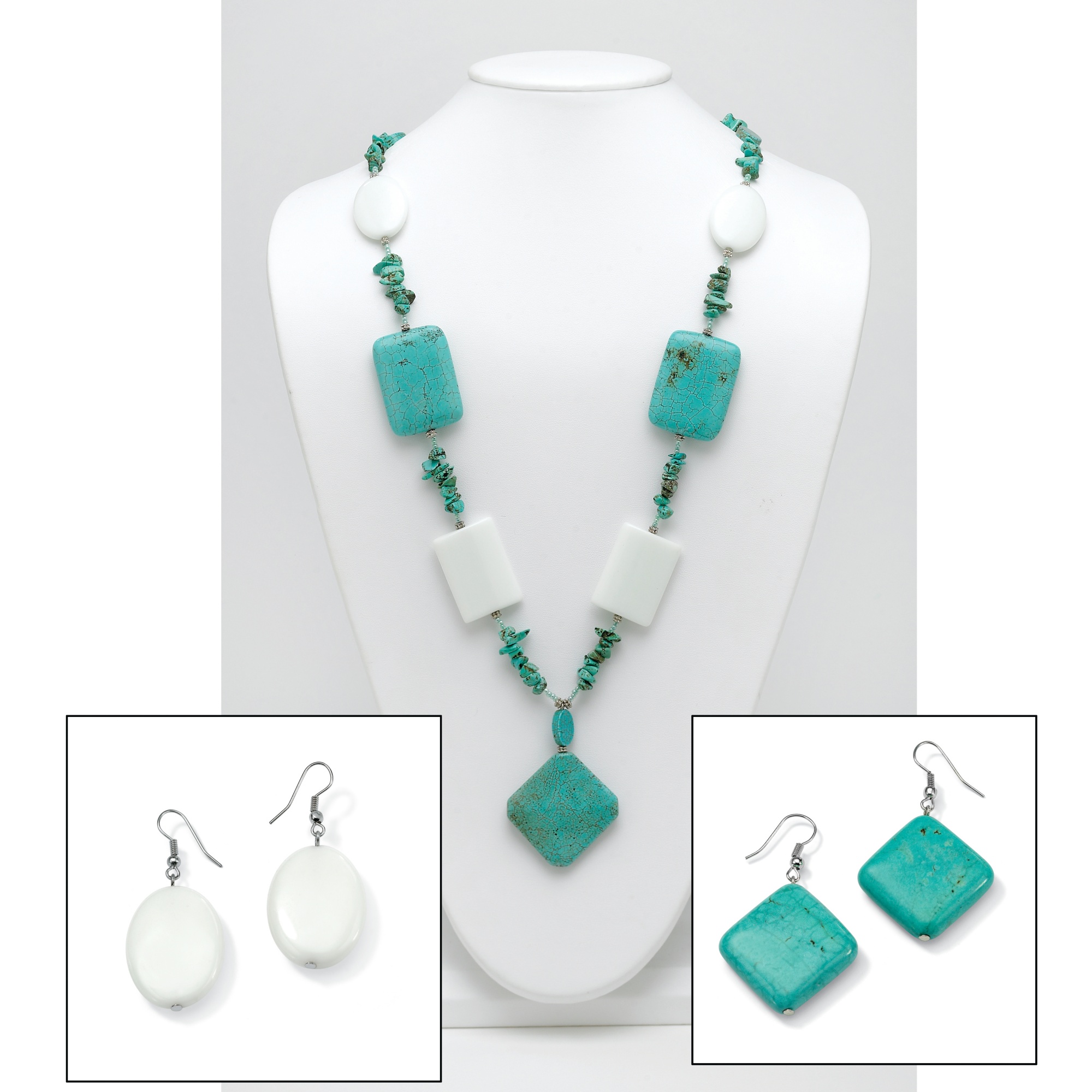 Silvertone Turquoise Pendant-Necklace and Two Pairs of Pierced Earrings