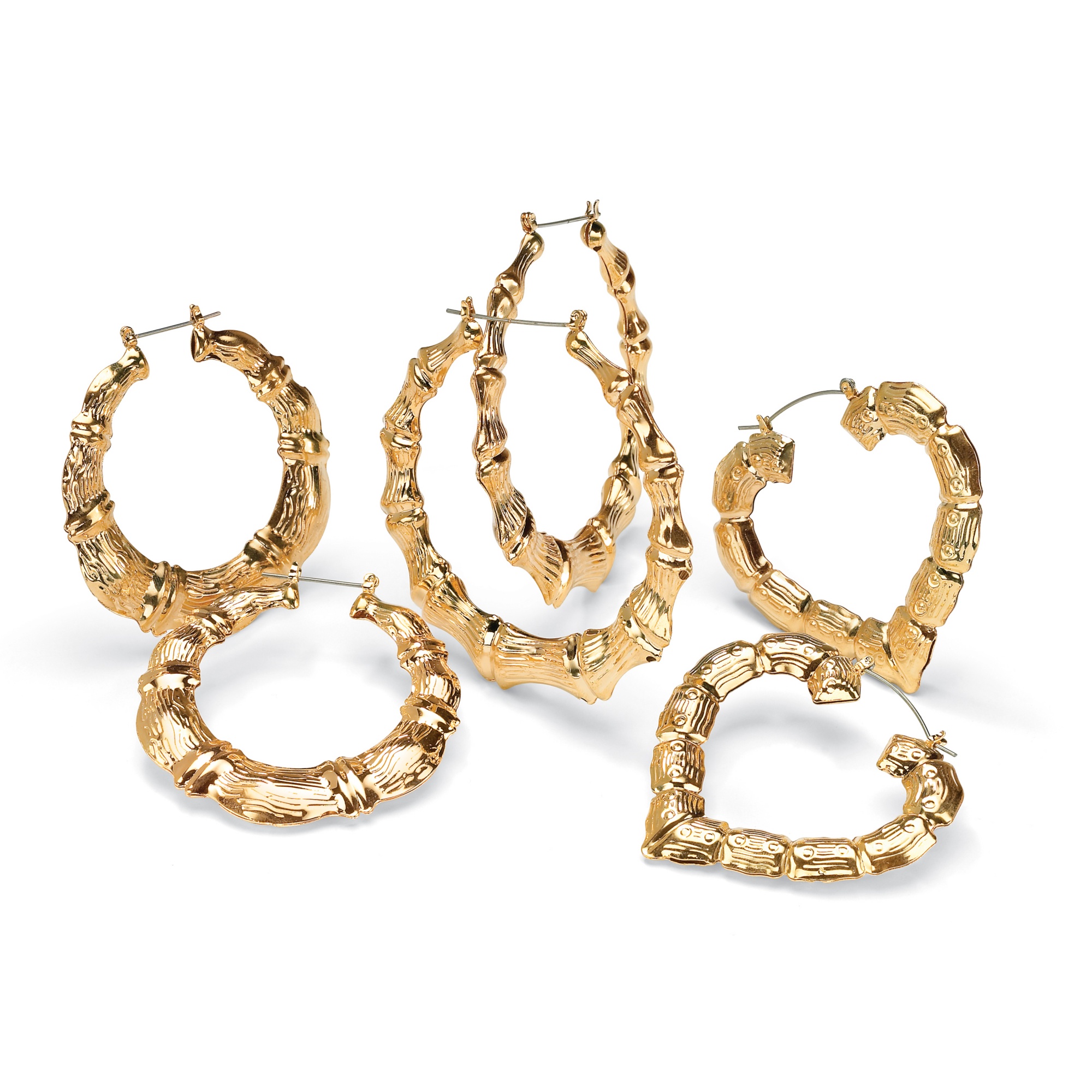 14k Yellow Gold-Plated Bamboo Style Hoop Earrings 3-Pairs Set