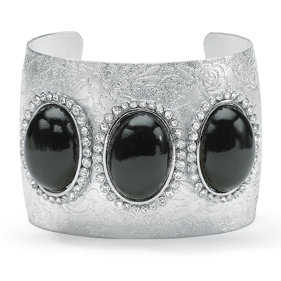 Silvertone Crystal Floral Motif Cuff Bracelet