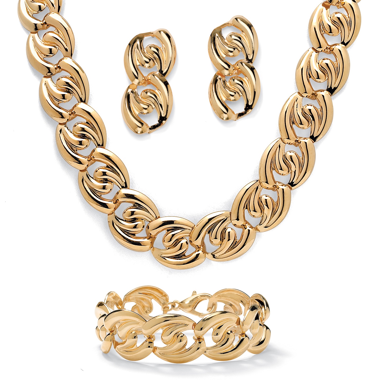 Goldtone Metal Twisted Curb-Link 3-Piece Set Necklace 18" Bracelet 7 1/2" and Drop Earrings