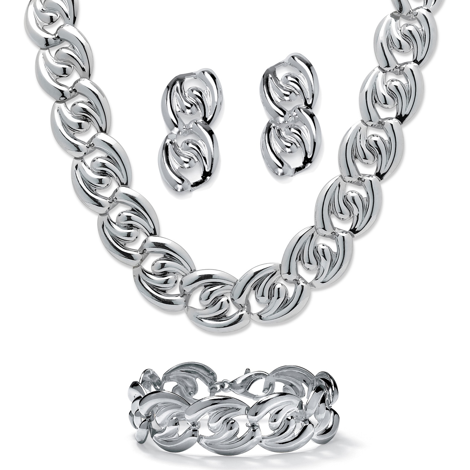 Silver Tone Necklace Bracelet and Pierced Earring Jewelry Set