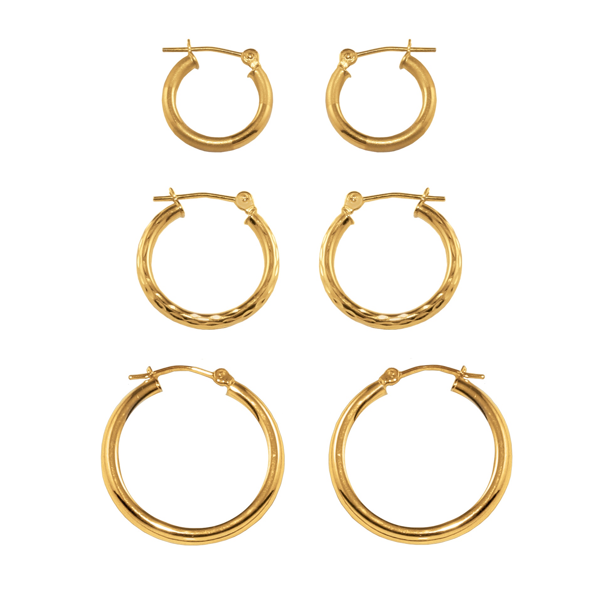 3-Piece 10k Gold Classic Hoop Earring Set 15 mm - 20 mm