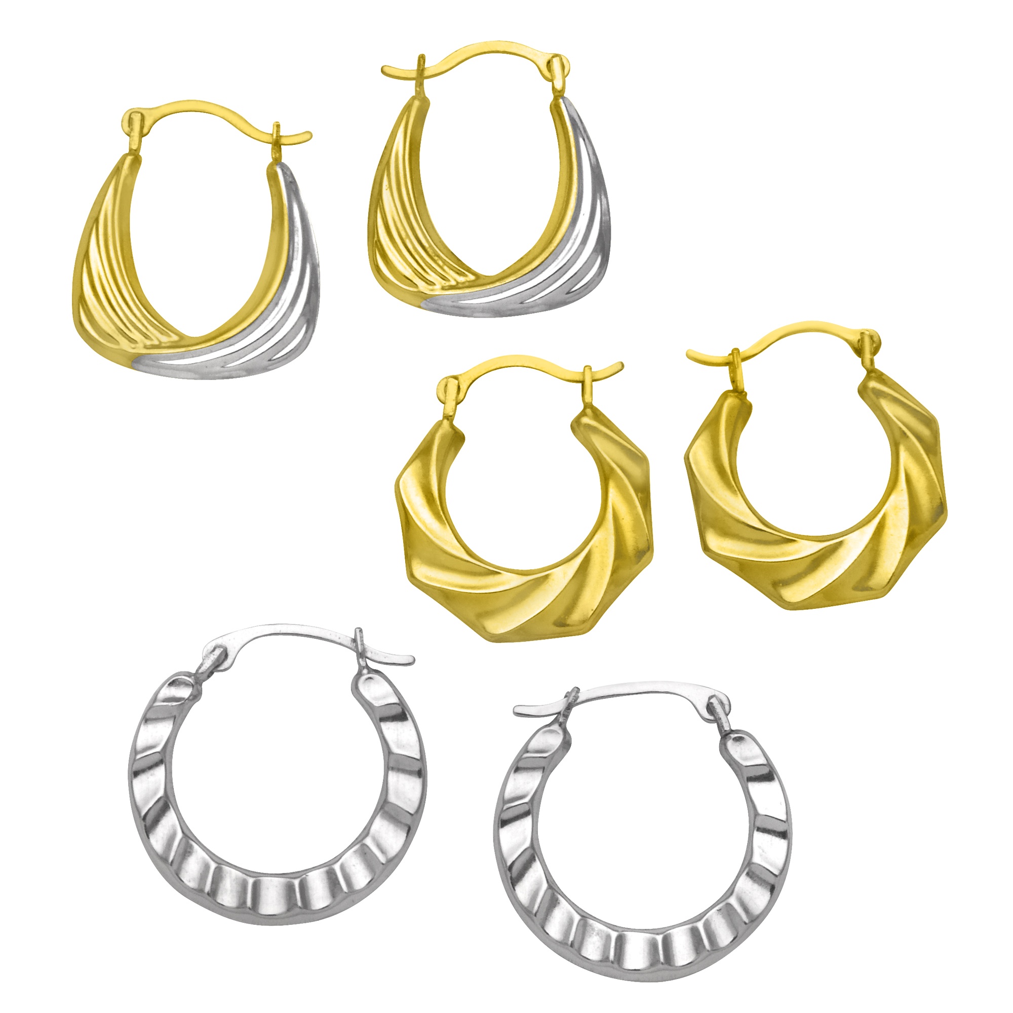 3-Piece 10k Yellow & White Gold Hoop Earrings Set 14 mm - 16 1/2 mm