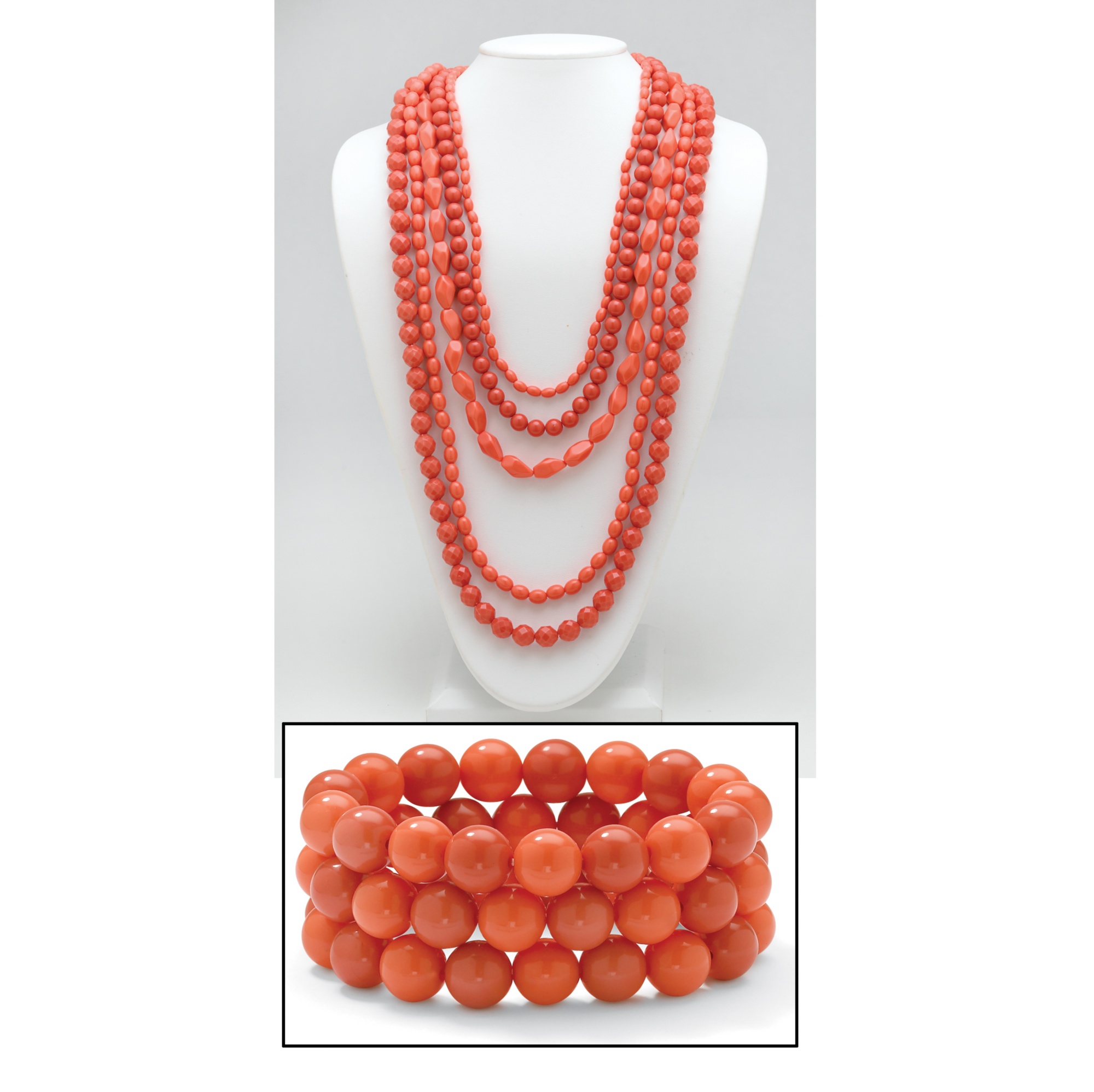 Silver Tone Coral-Colored Beaded Lucite Necklace and Bracelet Set