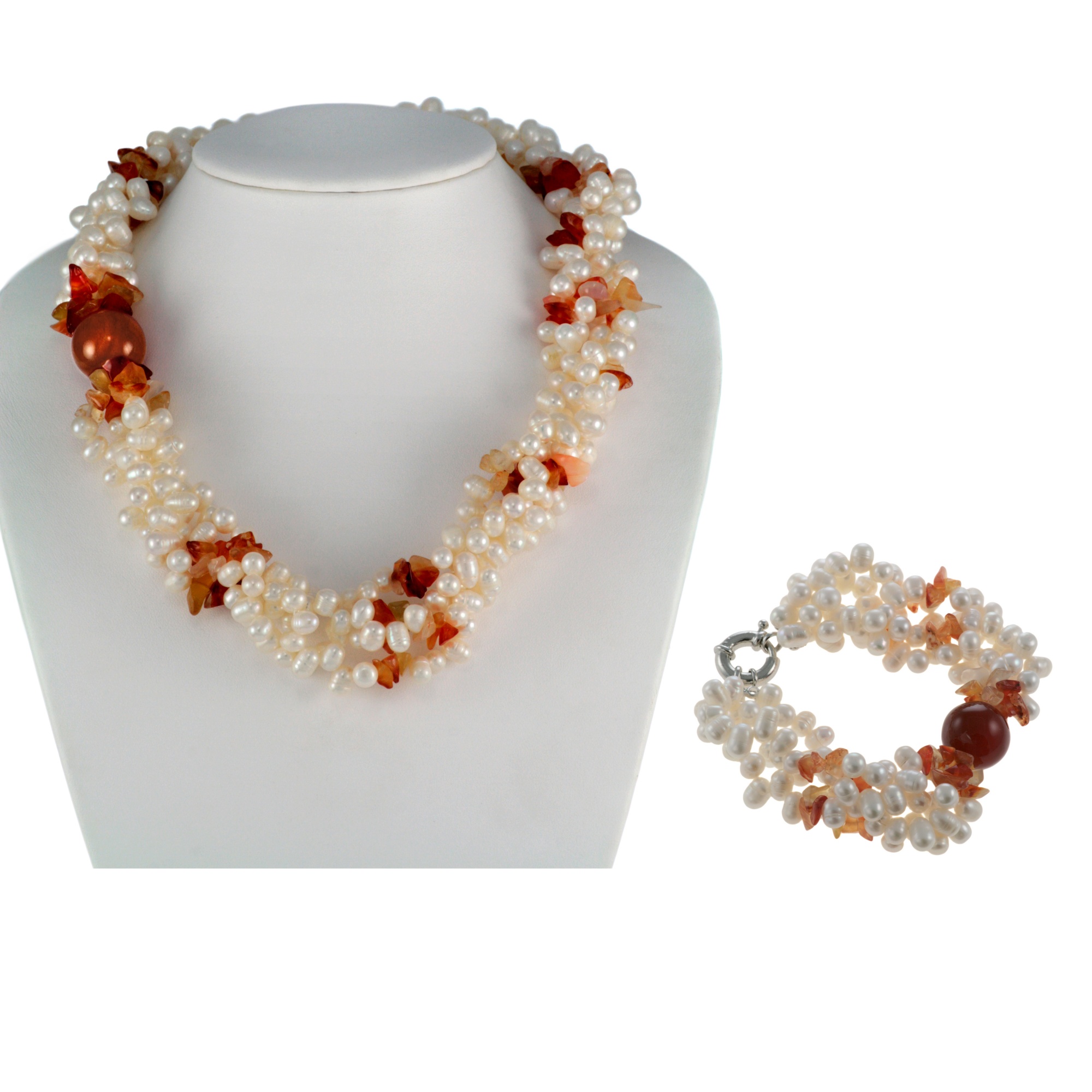 Silvertone Metal Cultured Freshwater Pearl and Red Chalcedony Necklace and Bracelet Set