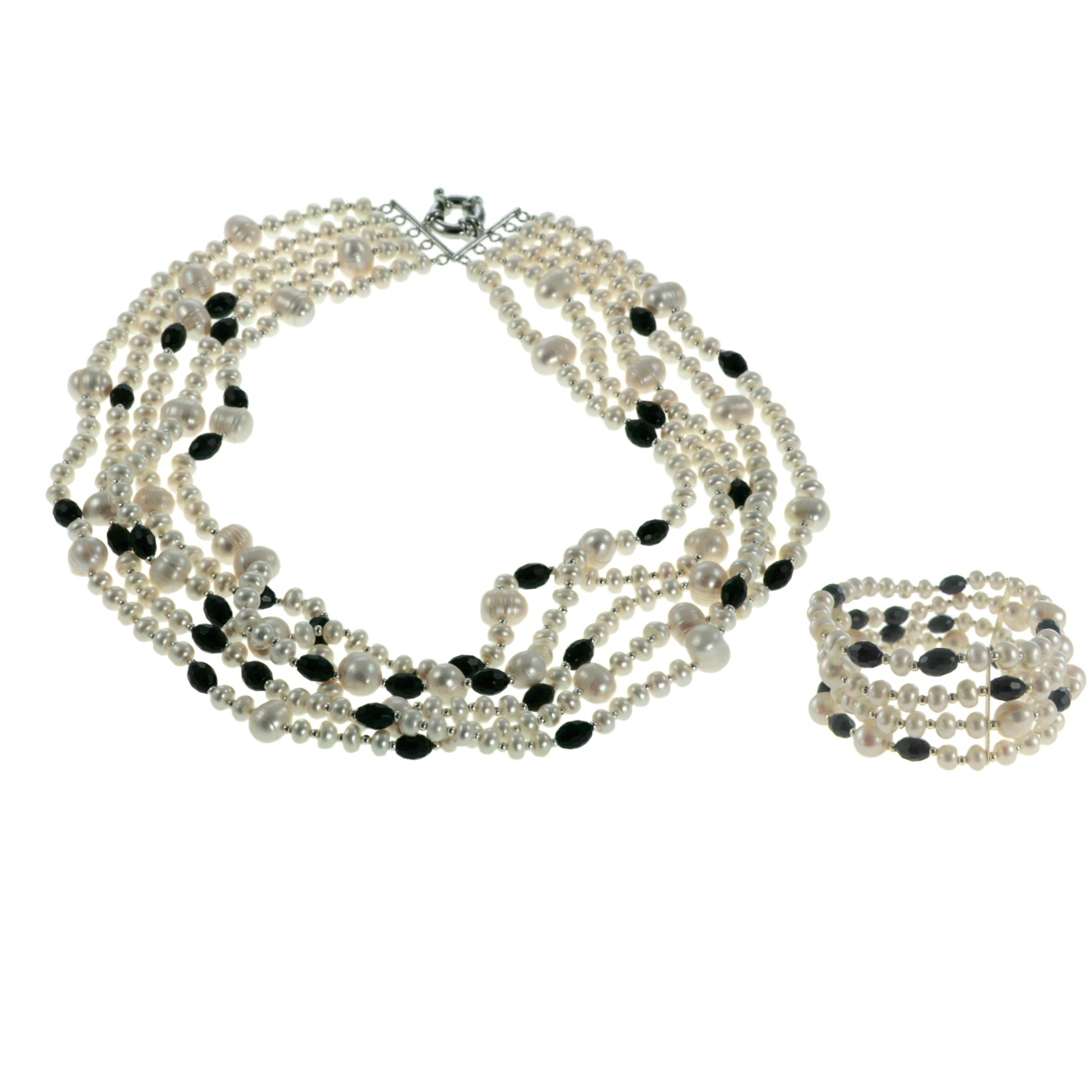 Sterling Silver Cultured Freshwater Pearl and Black Chalcedony Necklace and Bracelet Set