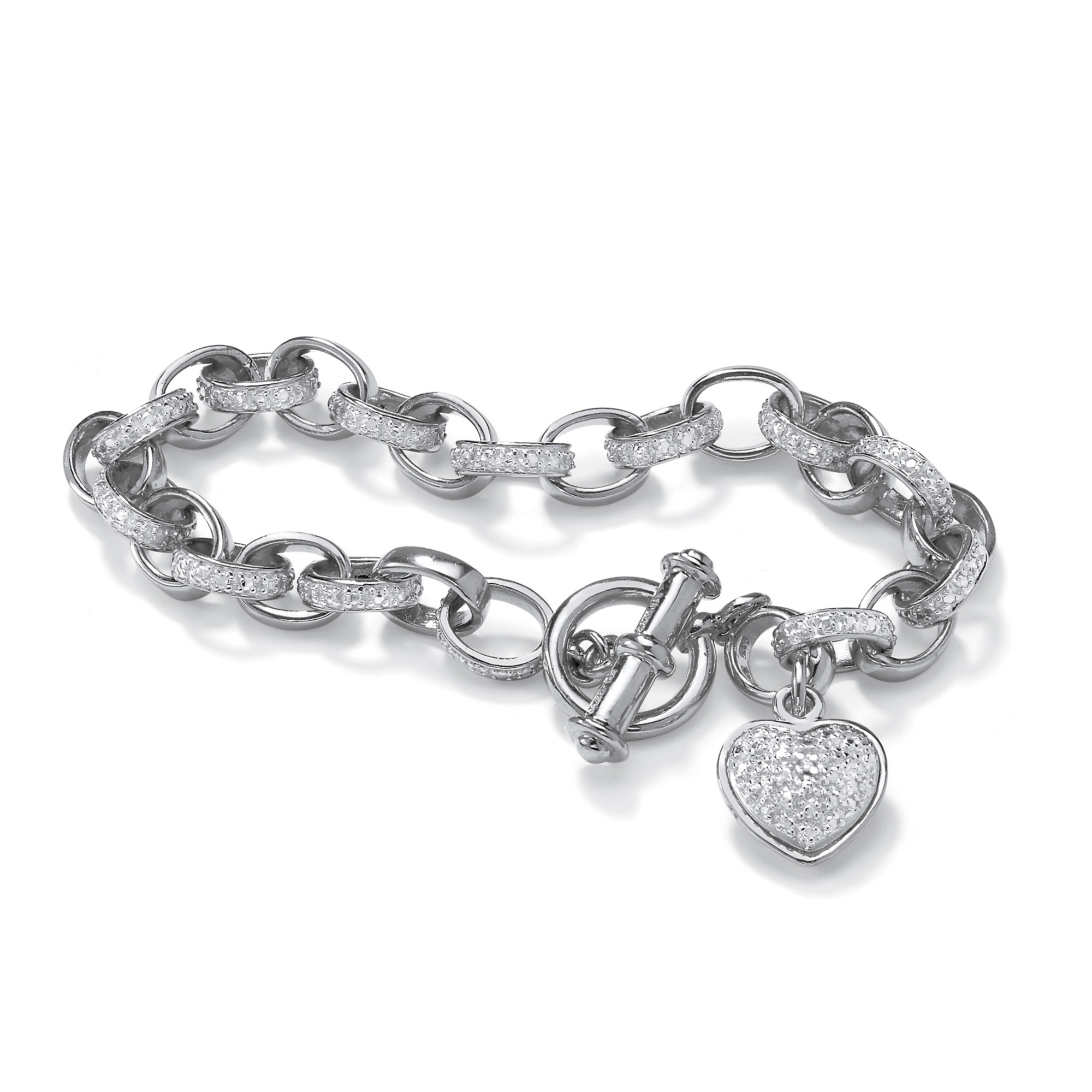 Platinum Over Sterling Silver Diamond Accent Heart Charm Bracelet