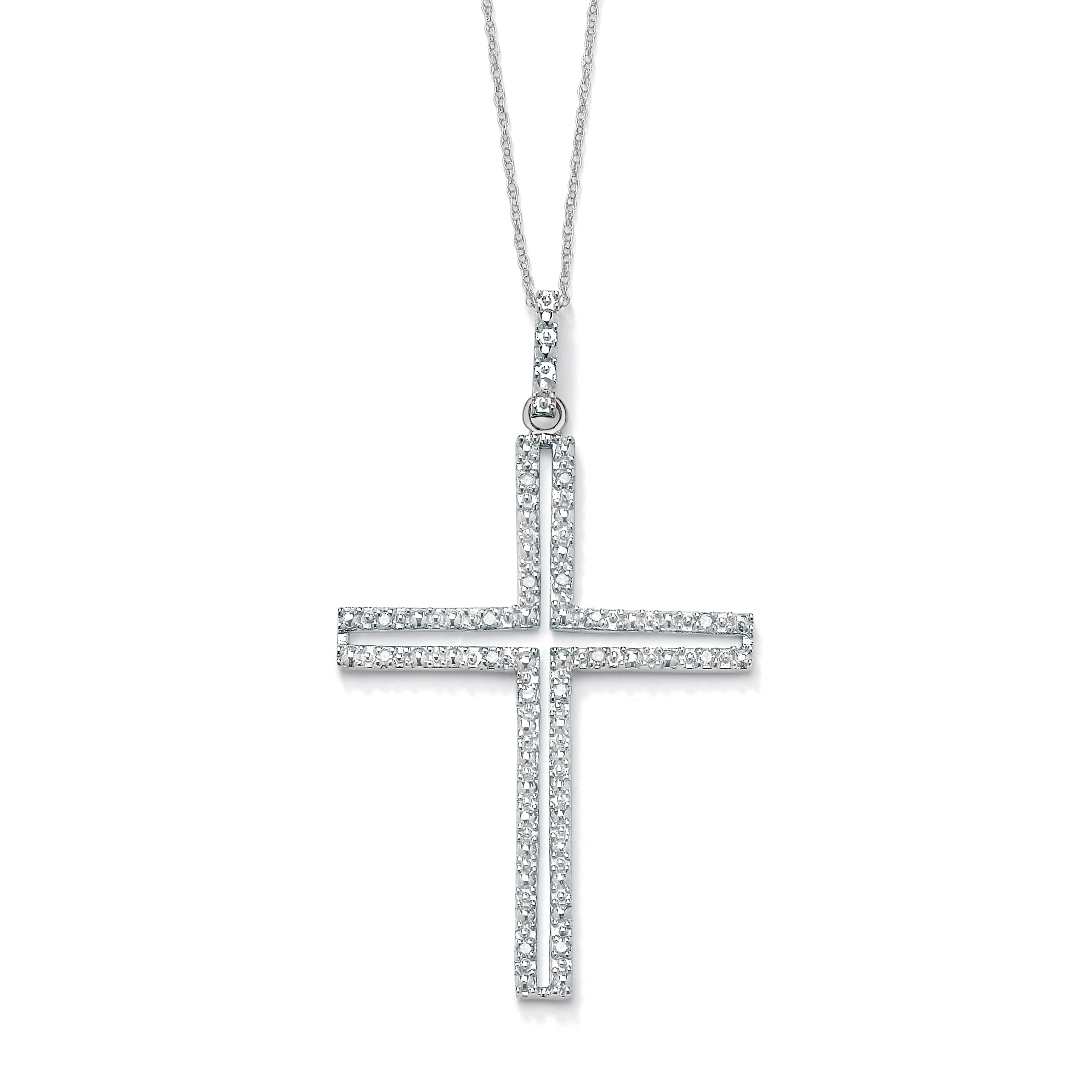 1/10 TCW Round Diamond Platinum Over Sterling Silver Religious Cross Pendant and Rope Chain 18"
