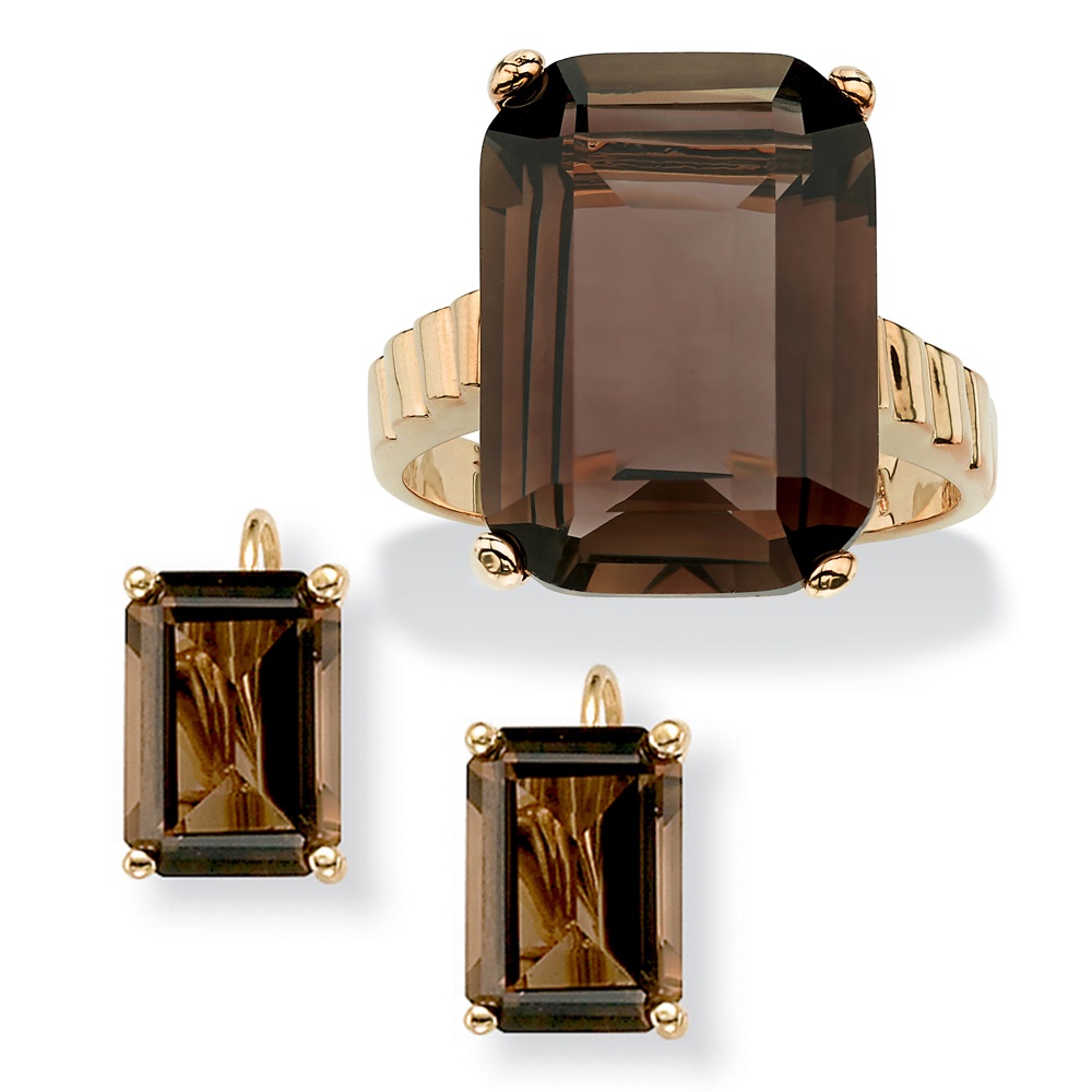 14k Gold-Plated Smoky Quartz Ring with FREE Pierced Earrings