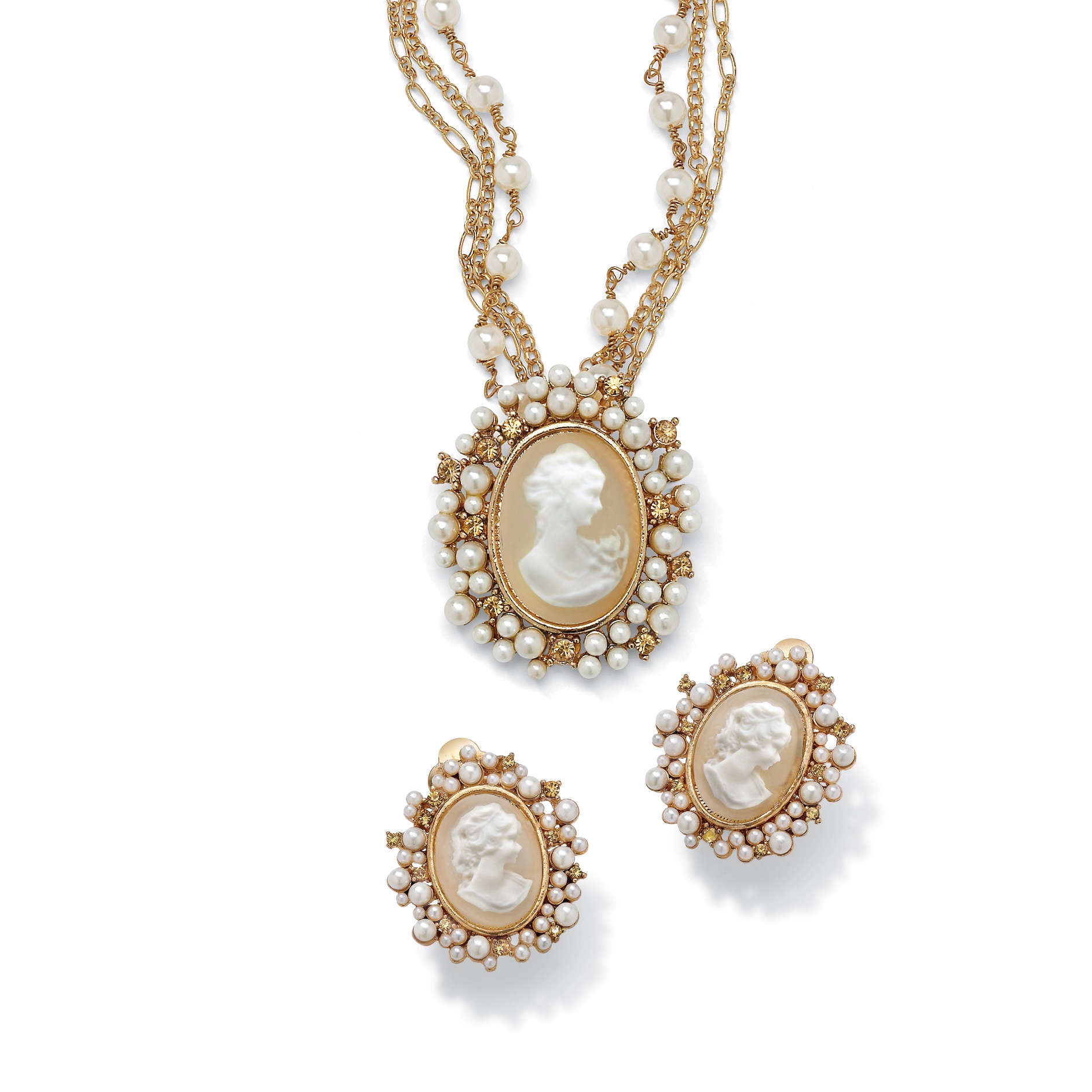 Goldtone Metal Lucite Cameo Pendant-Necklace with FREE Clip-On Earrings