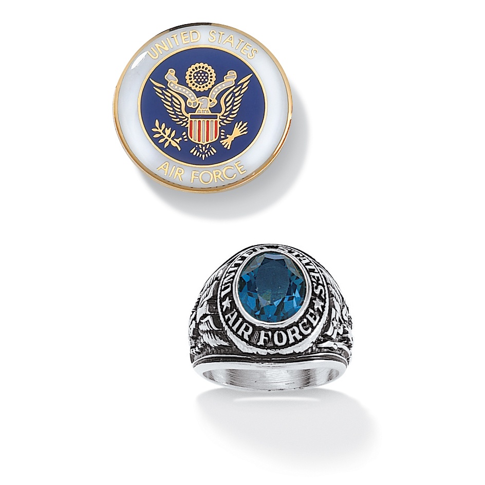 Silvertone/14K Gold-Plated Simulated Sapphire Air Force Ring and Pin Set