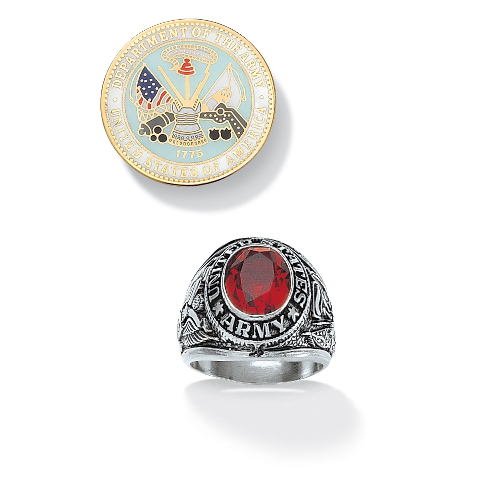 Silvertone/14K Gold-Plated Army Simulated Ruby Ring and Pin Set