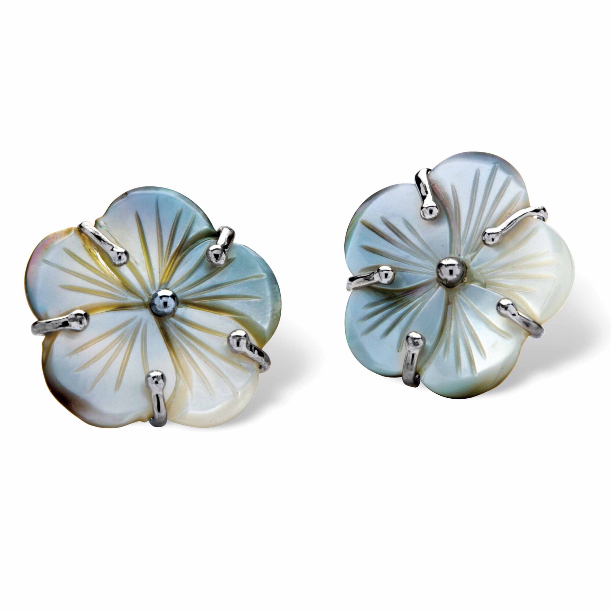 Silver Tone Black Mother-of-Pearl Flower Pierced Earrings