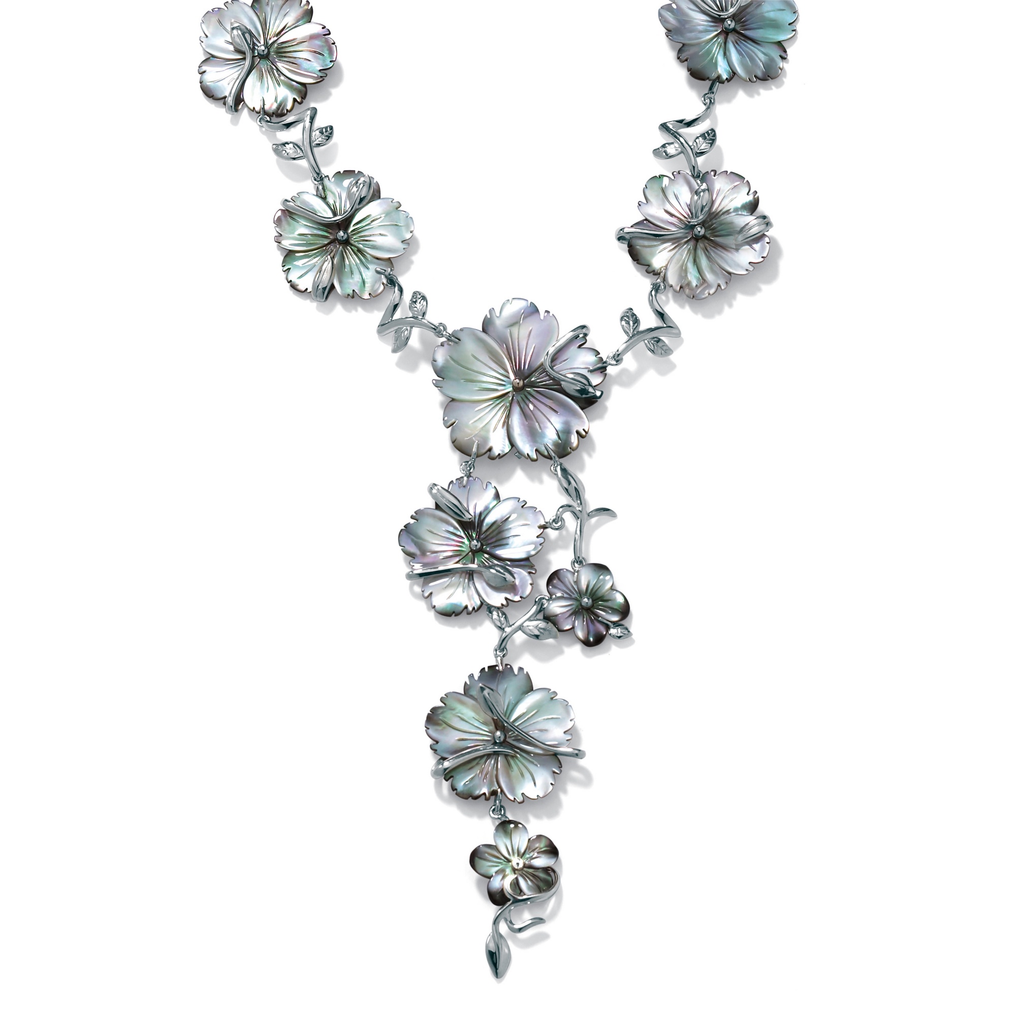 Silver Tone Black Mother-of-Pearl Flower Necklace