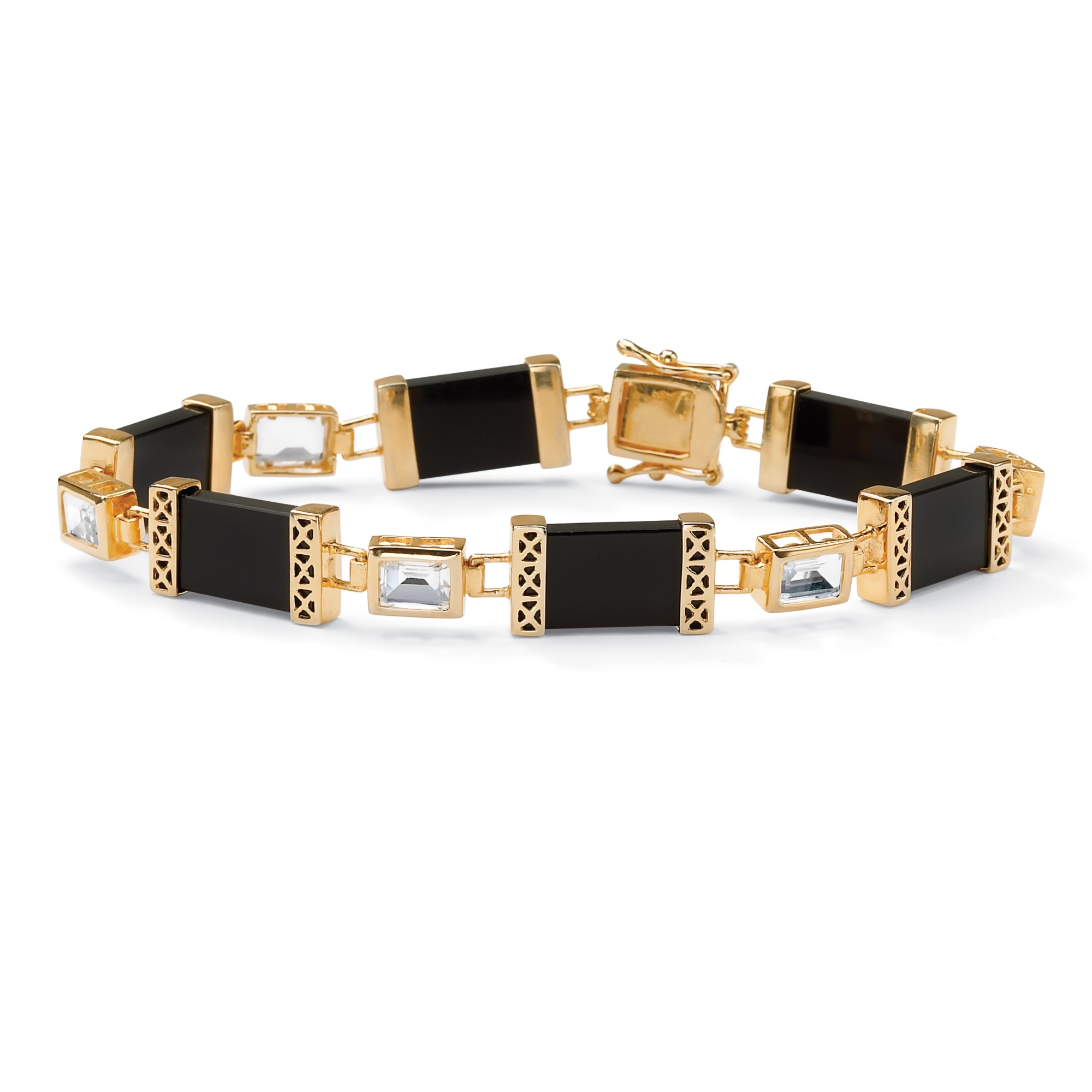 18k Gold Over Sterling Silver Onyx and White Topaz Bracelet