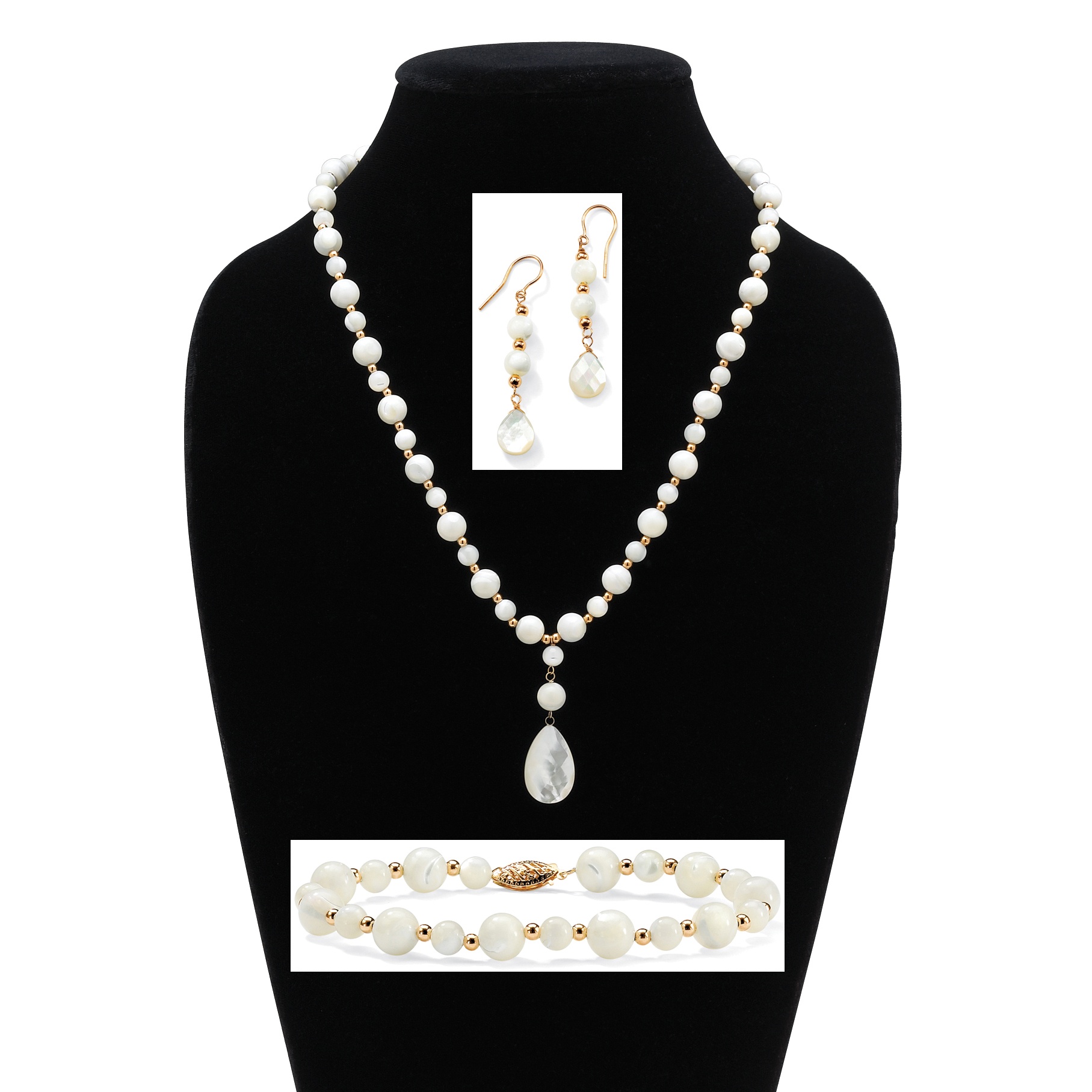 10k Gold Mother-of-Pearl Necklace, Bracelet and Pierced Earring Jewelry Set