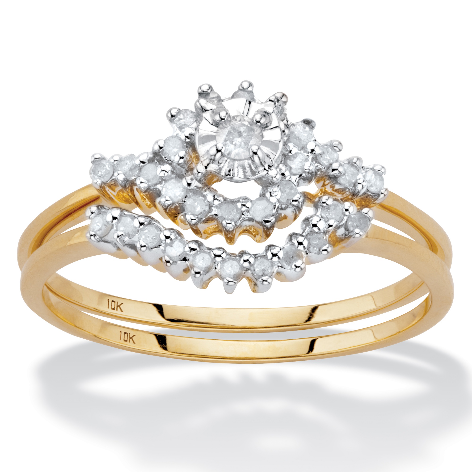10k Gold Round Diamond Cluster Wedding Ring Set