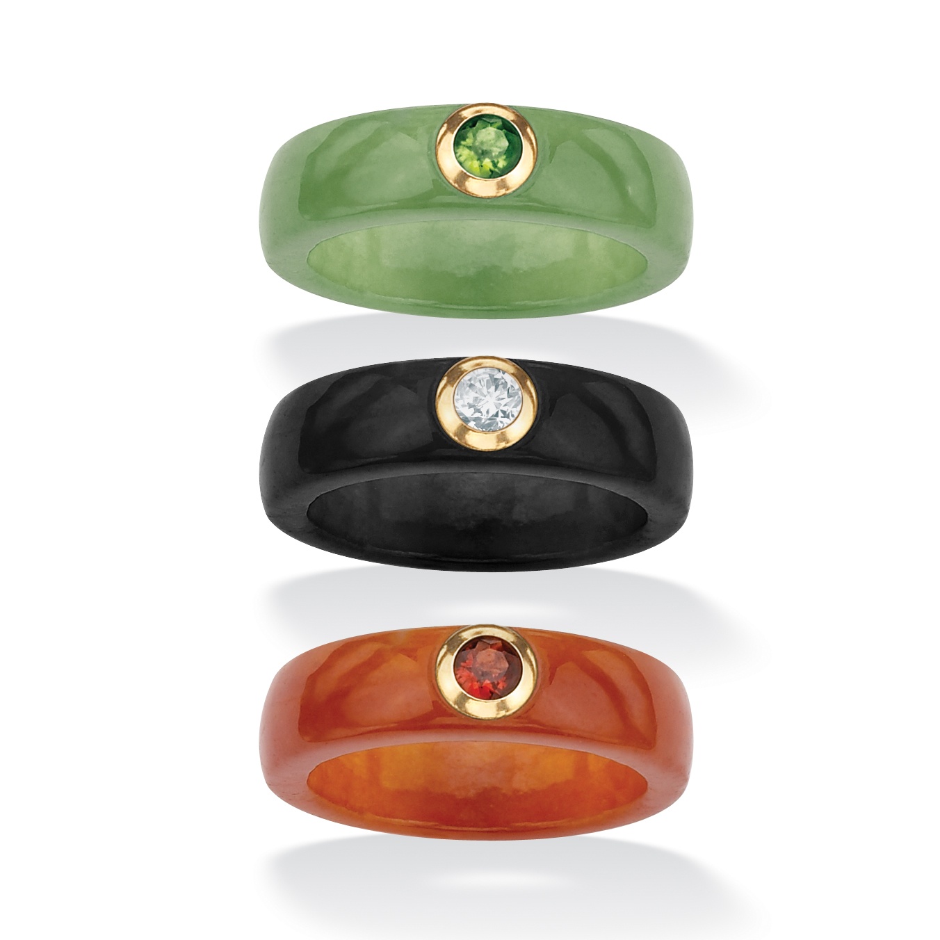 10k Gold Set of Three Jade and Peridot, Garnet and White Topaz Rings