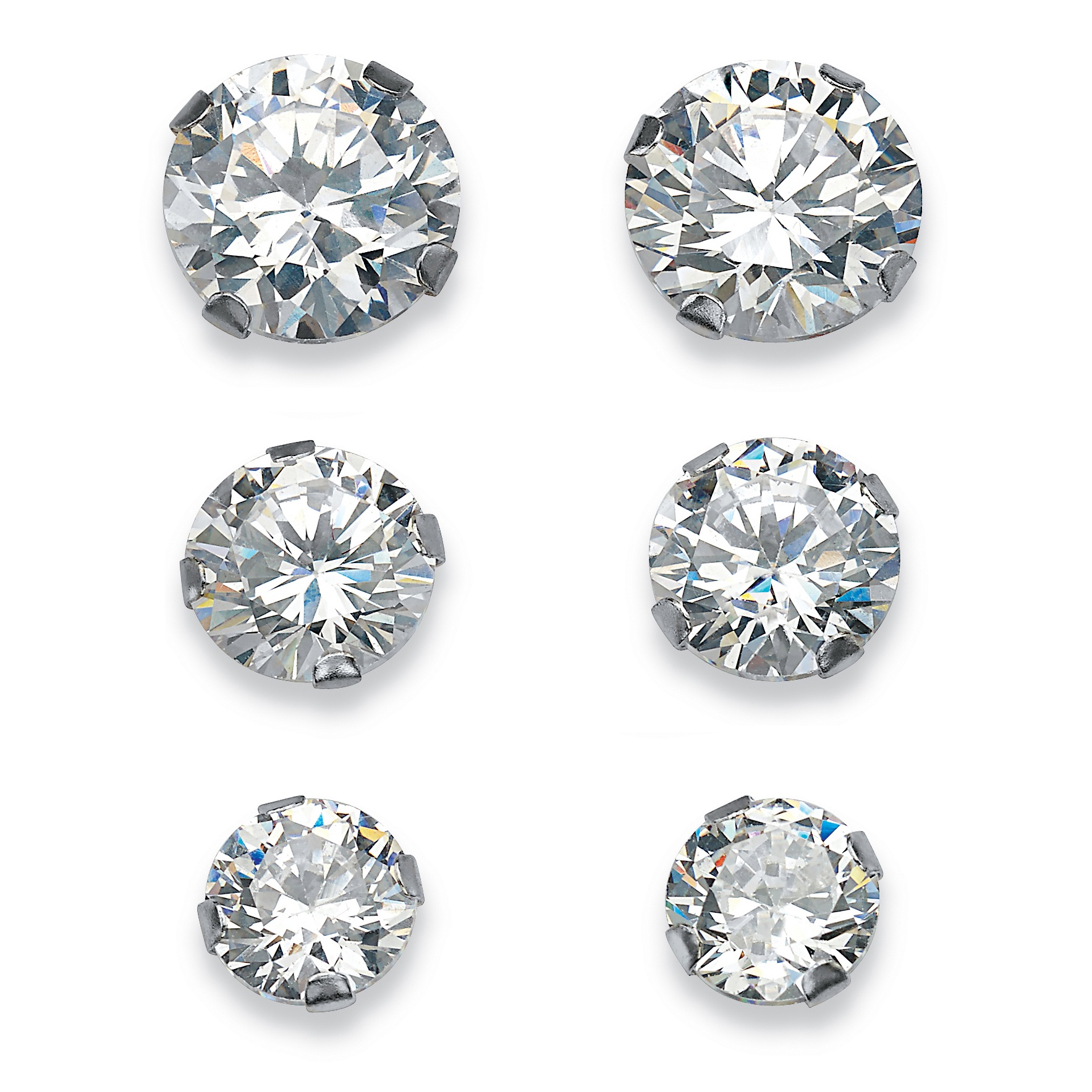 10k White Gold Set of Three Pairs of DiamonUltra&trade; Cubic Zirconia Stud Pierced Earrings