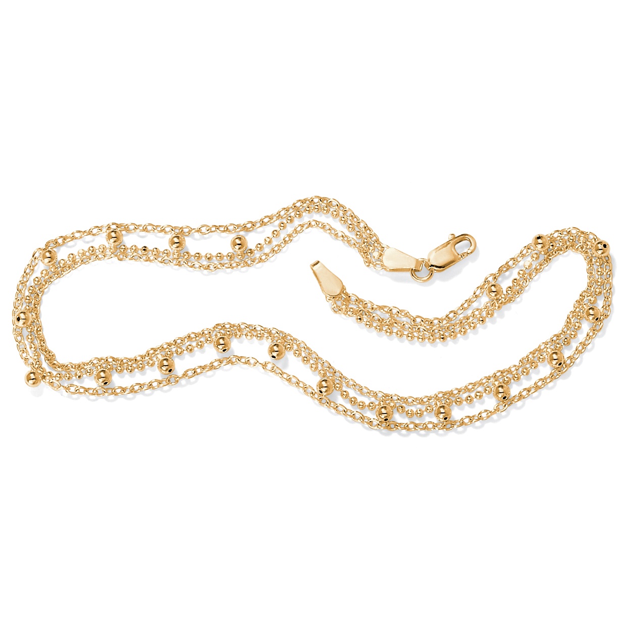 18k Gold Over Sterling Silver Triple-Strand Beaded Ankle Bracelet 10"