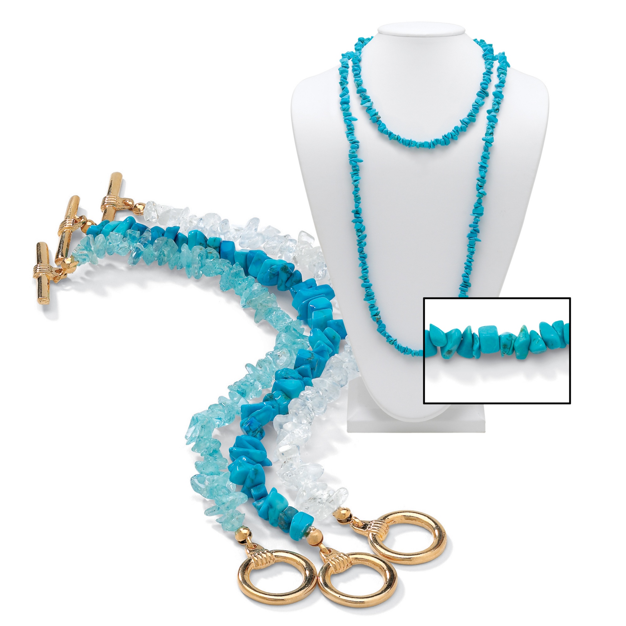 14k Gold-Plated Genuine 3-Piece Multi-Gemstone Bracelets and FREE Turquoise ...