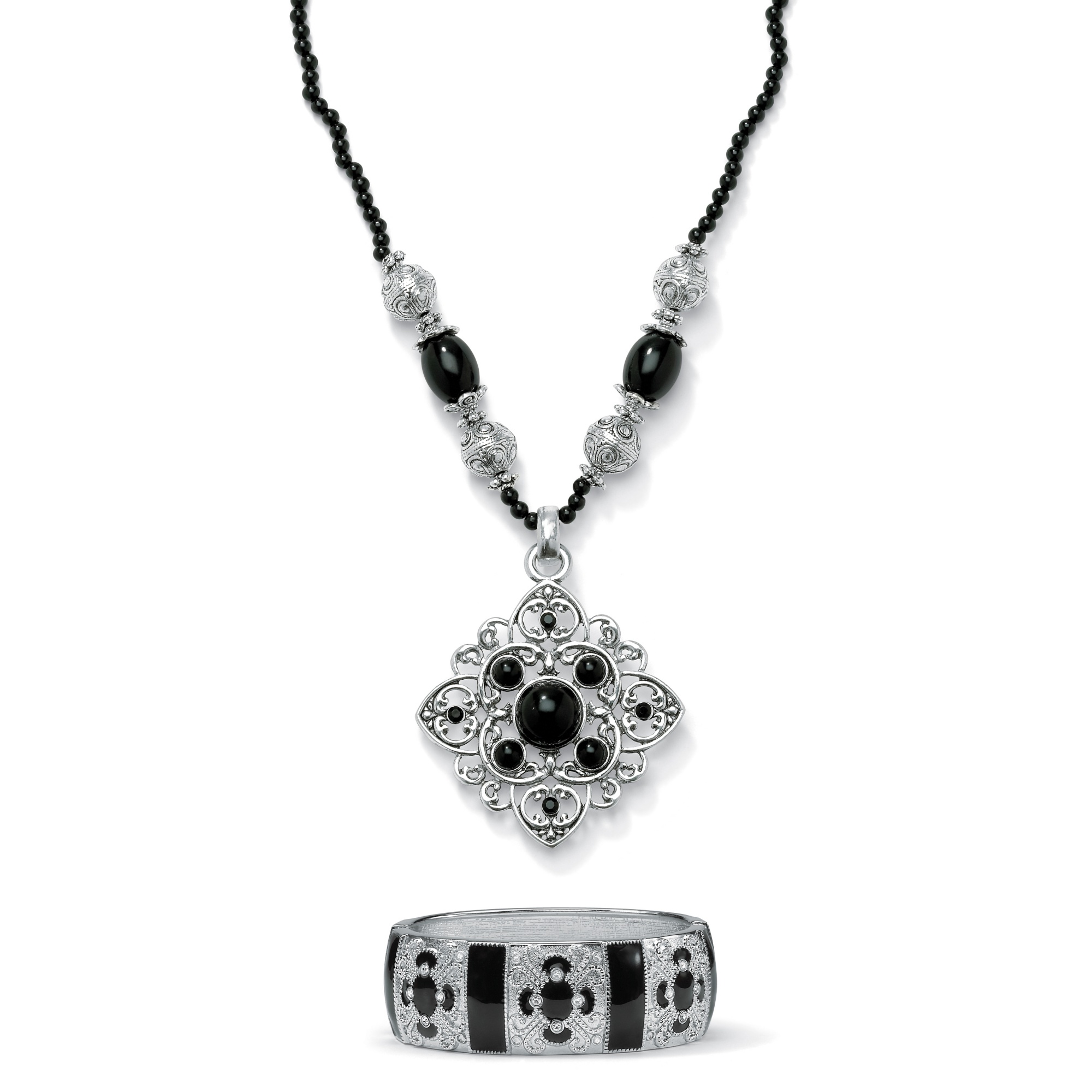 Silver Tone Filigree Jet Lucite and Glass Necklace and FREE Bangle Bracelet