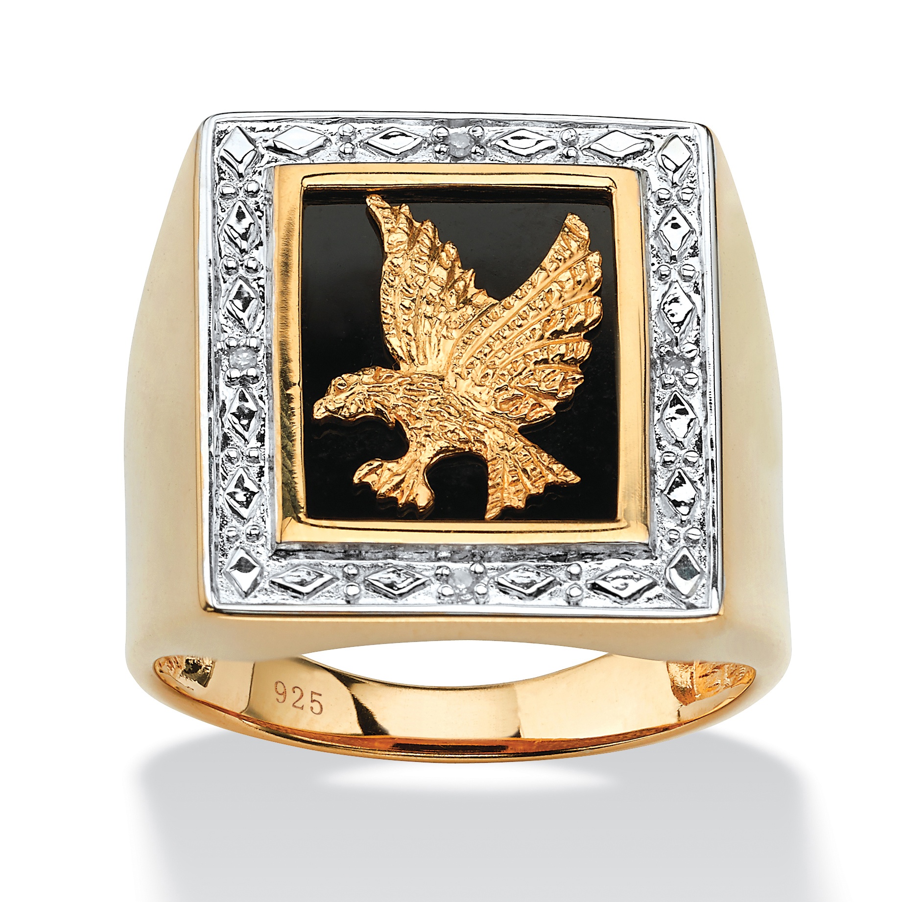 18k Gold over Sterling Silver Men's Diamond Accent Onyx Eagle Ring