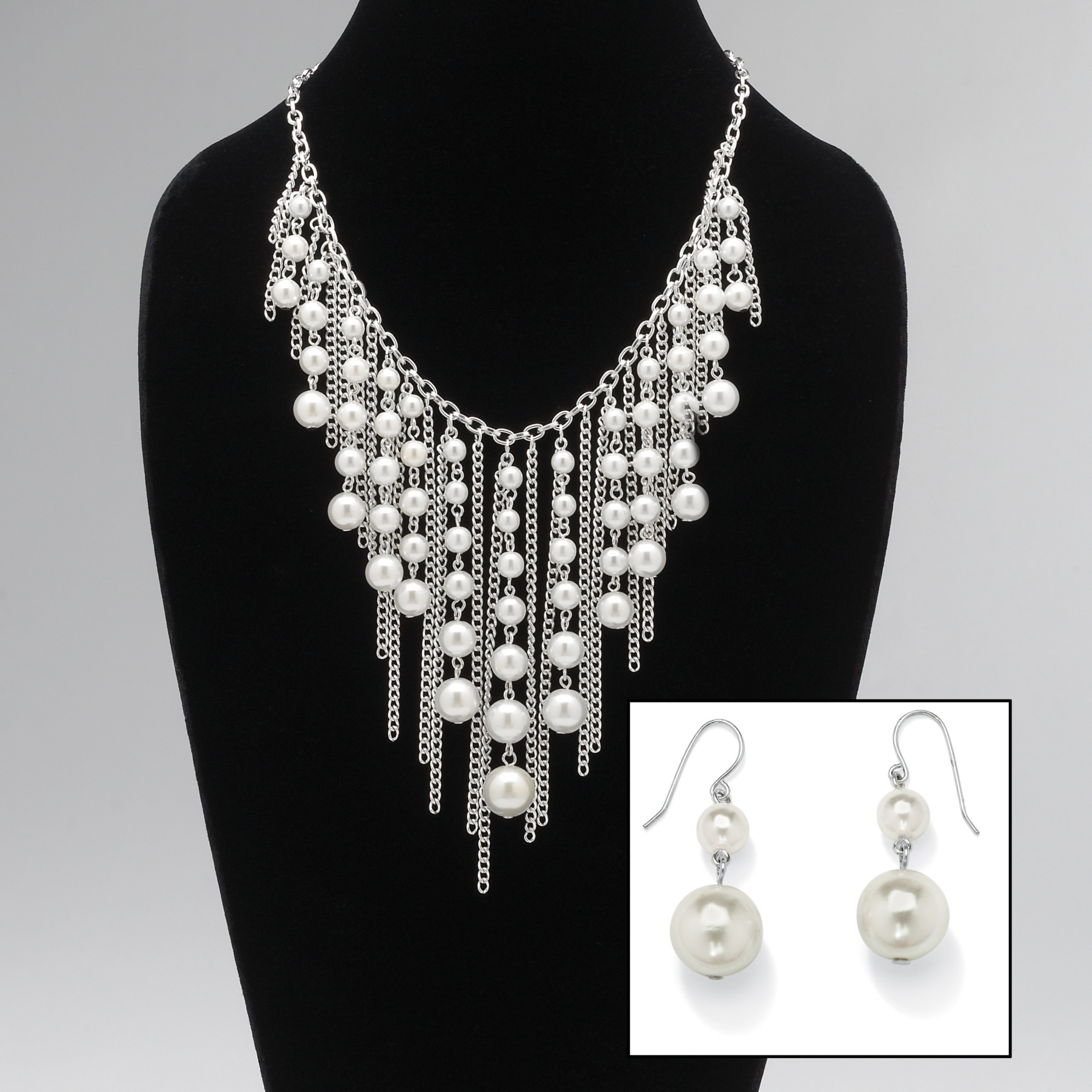 Silver Tone Simulated Necklace and Pierced Earrings Set