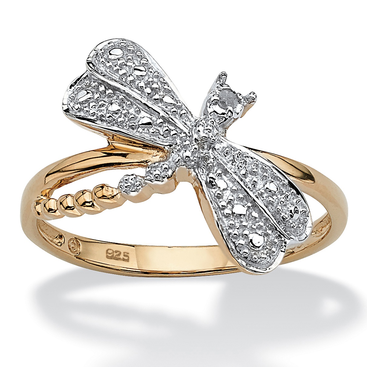 18k Gold over Sterling Silver Diamond Accent Dragonfly Ring