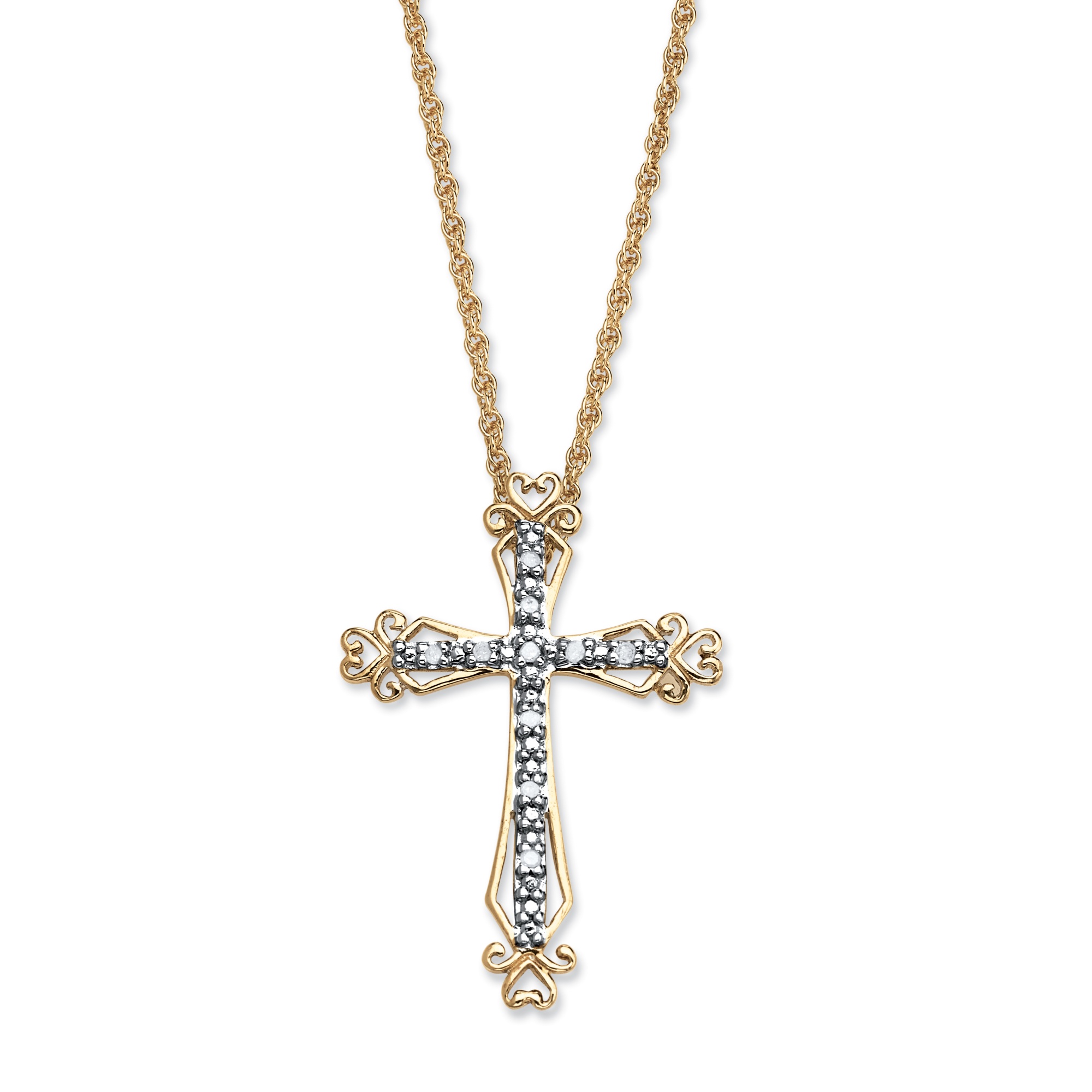 18k Gold over Sterling Silver Open-Work Diamond Accent Cross Pendant