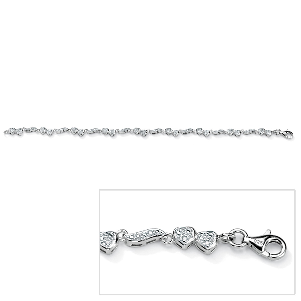 Platinum over Sterling Silver Diamond Heart and Wings Ankle Bracelet