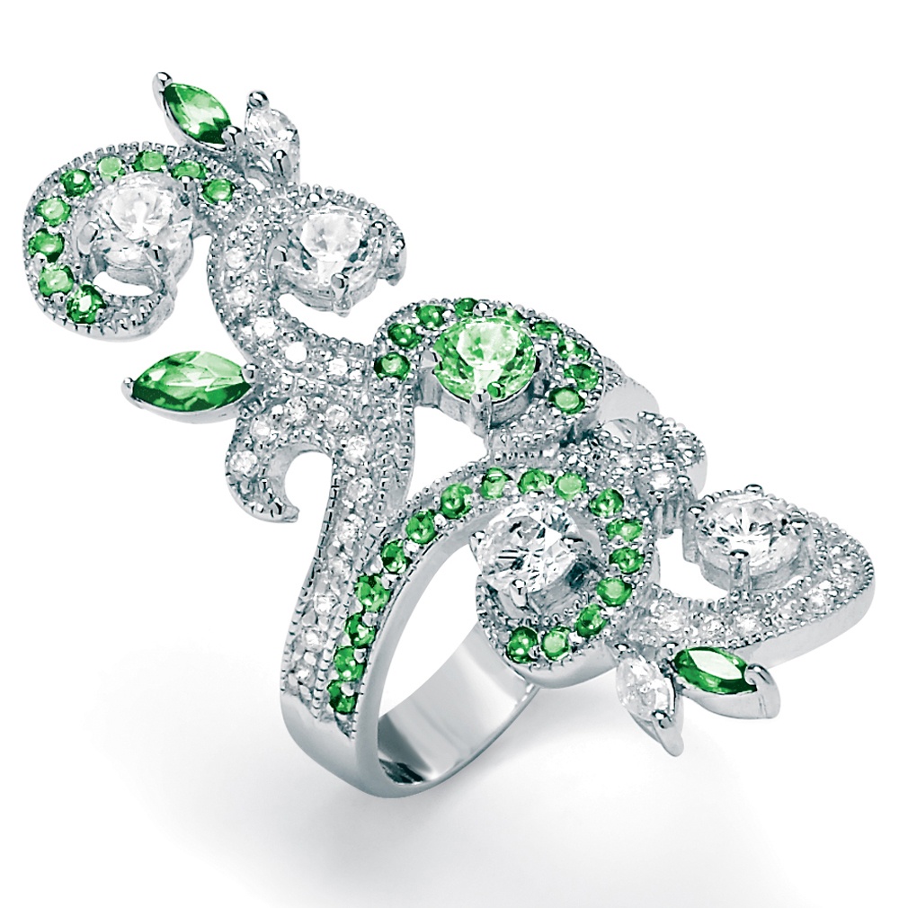 Green and White DiamonUltra&trade; Cubic Zirconia Sterling Silver Elongated Ring