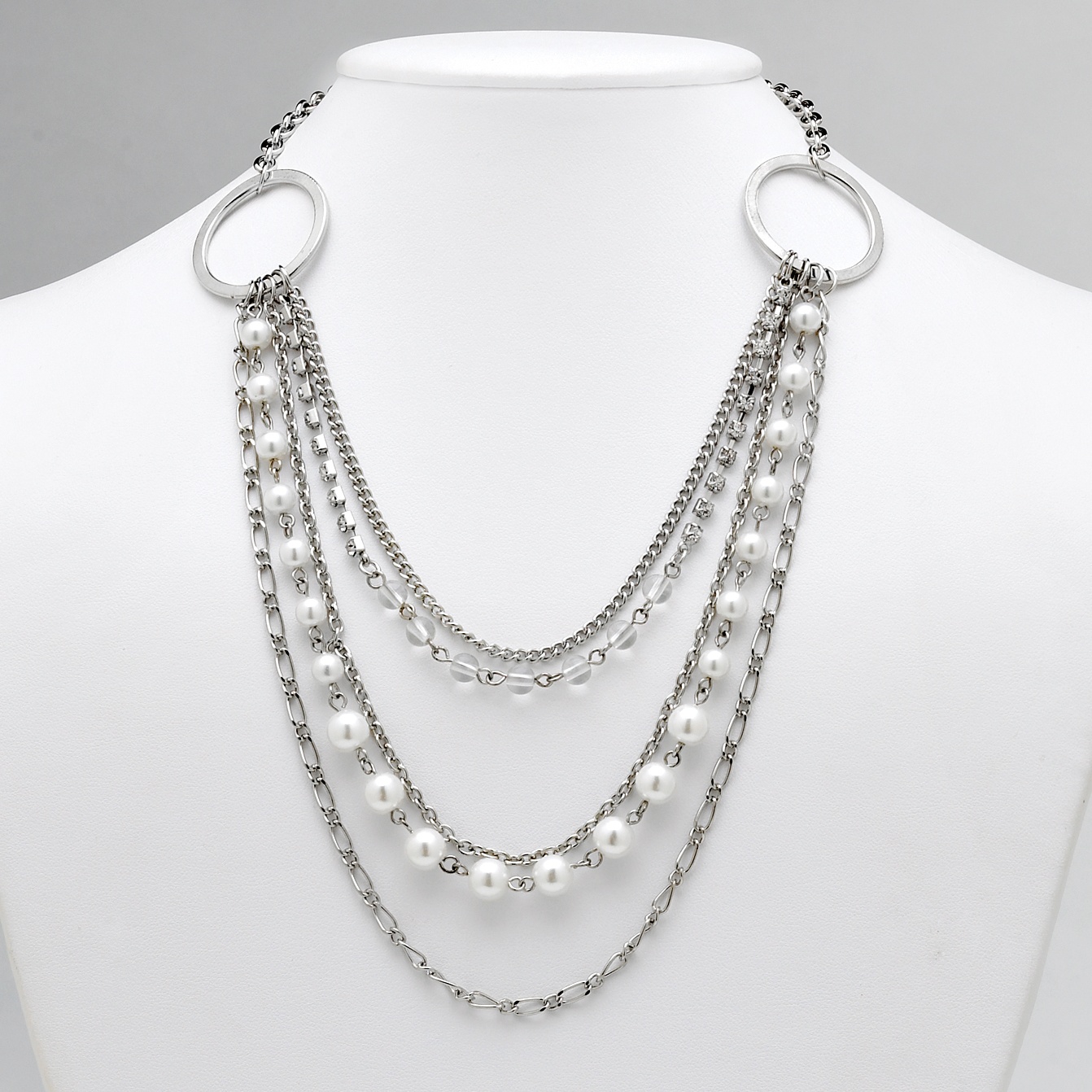 Silver Tone Multi-Strand Simulated Pearl and Rhinestone Necklace