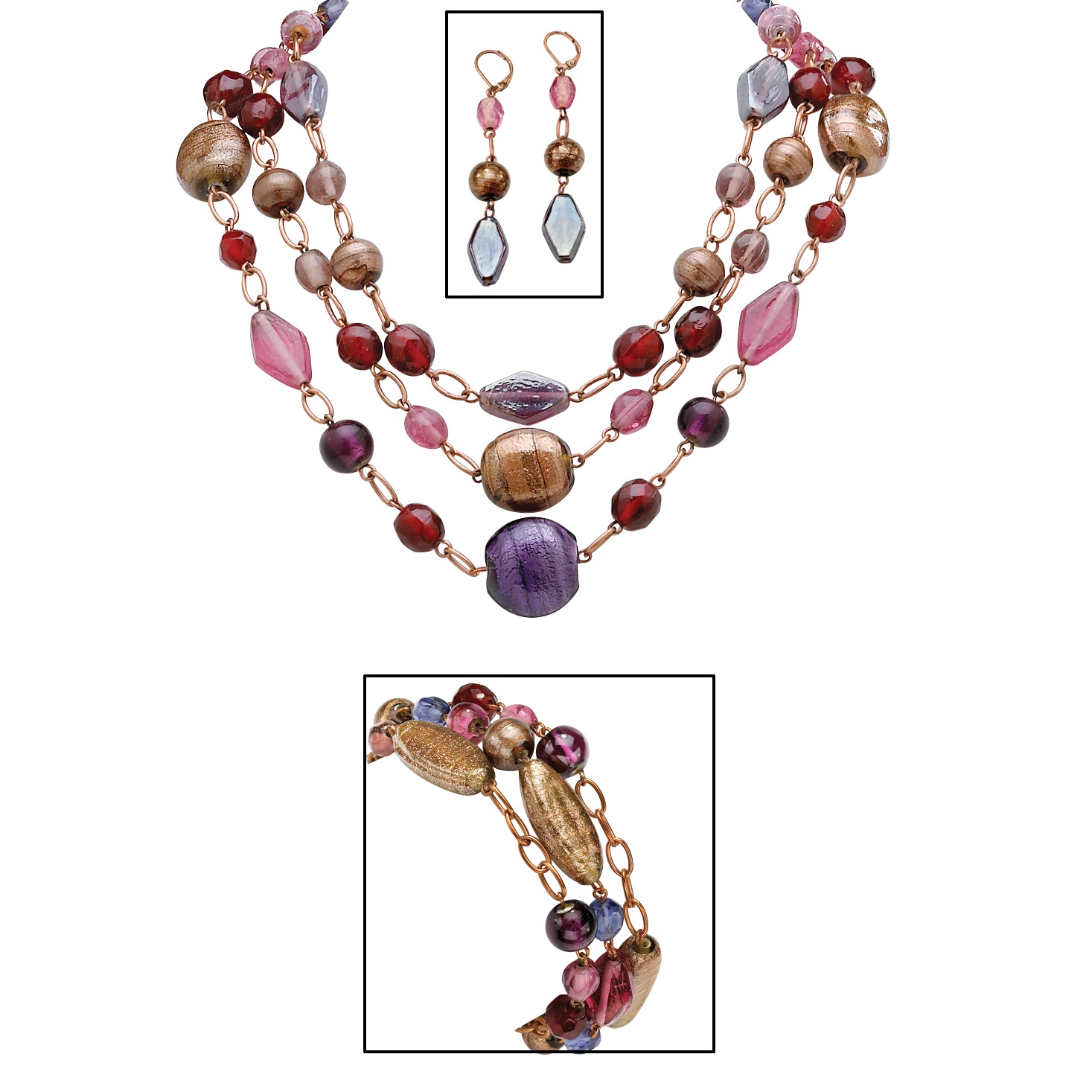 Antiqued. Copper-Plated Multi-Colored Lucite Jewelry Set