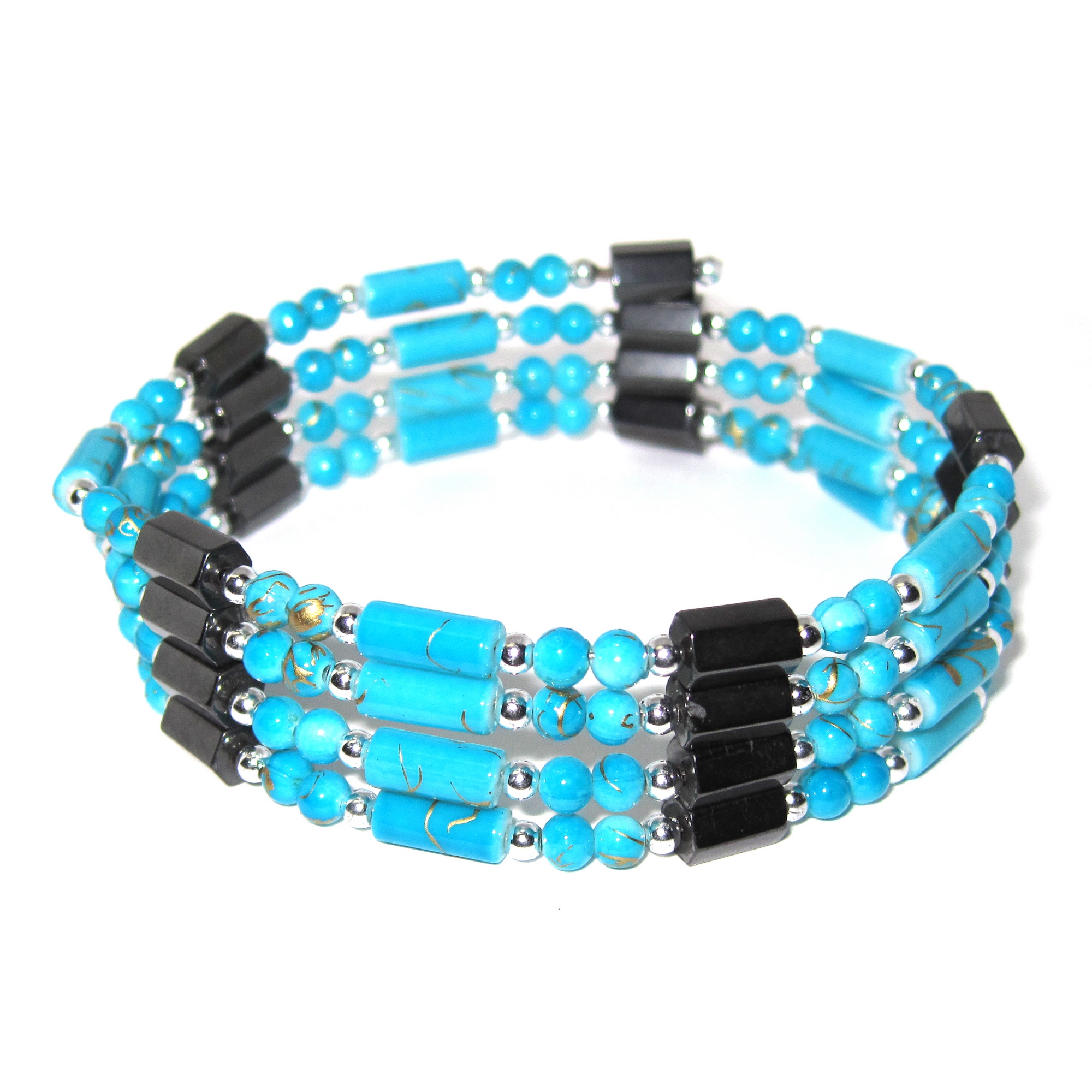 Silvertone Aquamarine-Colored Lucite and Black Beaded Magnetic Hematite ...