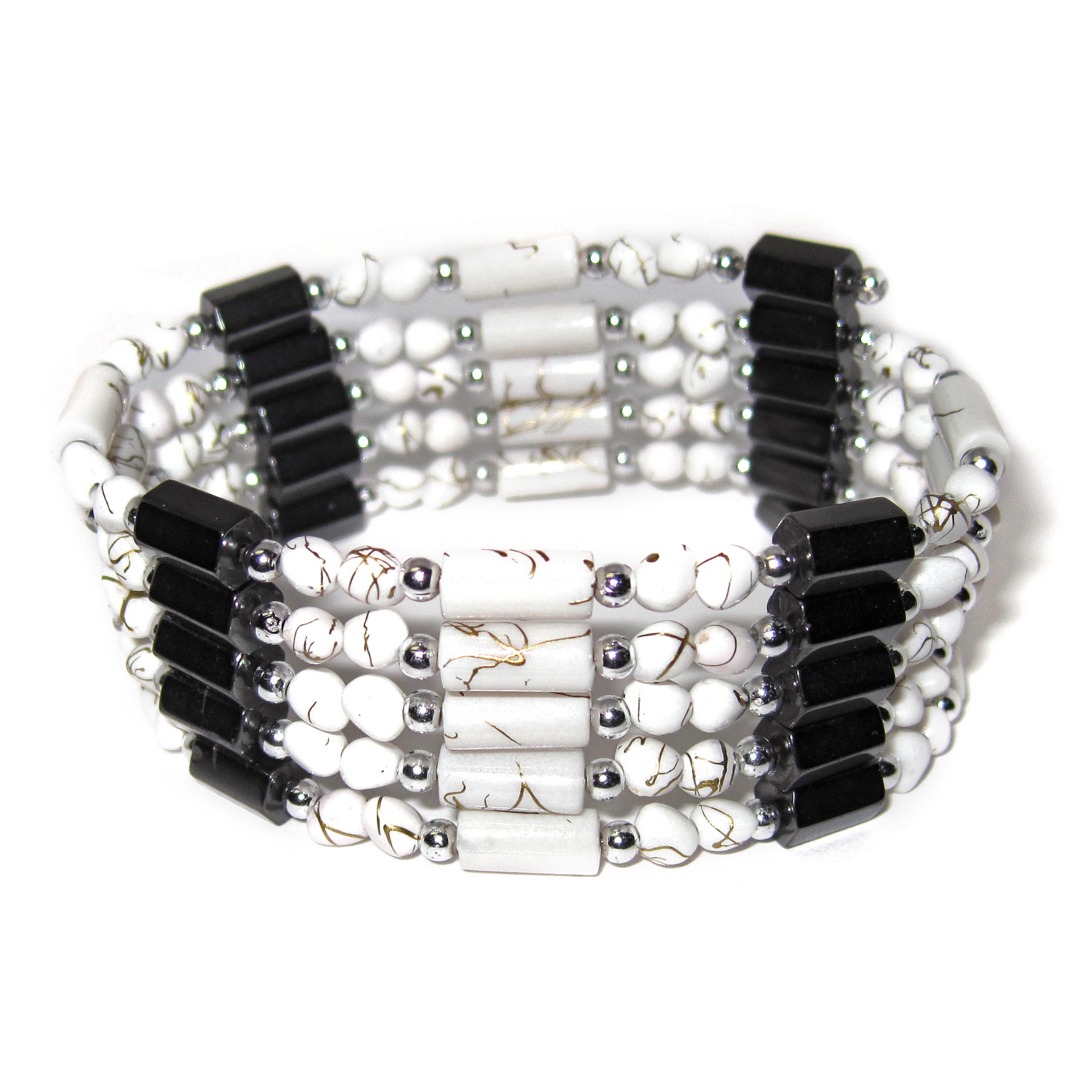 Silvertone White Lucite and Black Beaded Magnetic Hematite Necklace/Bracelet