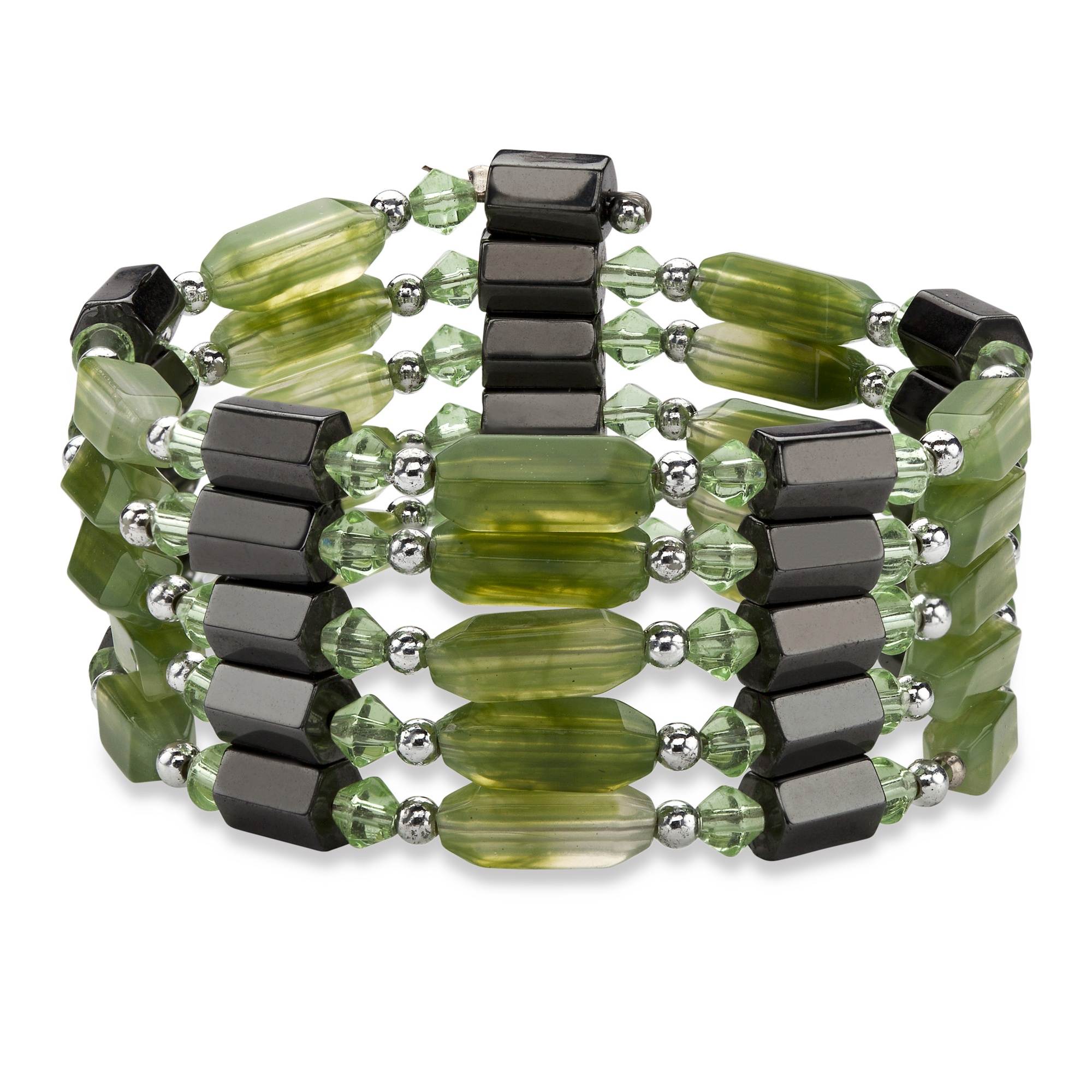 Silvertone Green Lucite and Black Beaded Magnetic Hematite Necklace/Bracelet