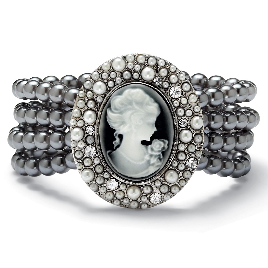 Silvertone Simulated Pearl and Crystal Cameo-Style Bracelet