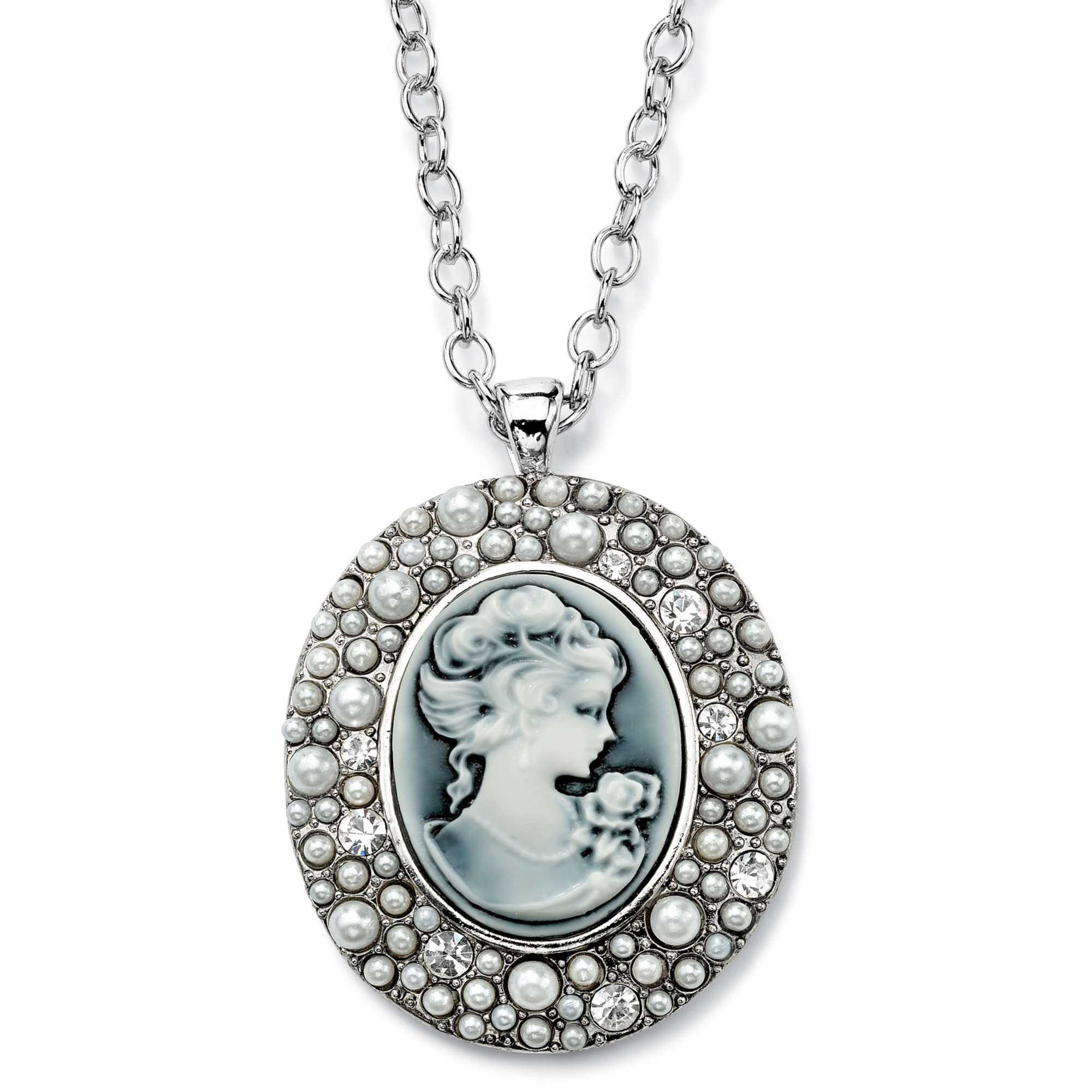 Silvertone Simulated Pearl and Crystal Cameo-Style Pendant