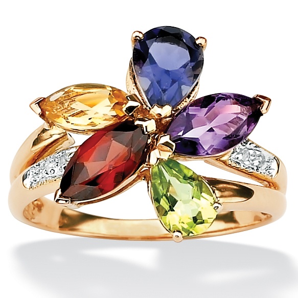 10k Gold Multi-Color Semi-Precious Gemstones and Diamond Accents Women's Ring