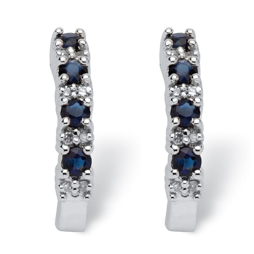 10k White Gold Blue Sapphire and Diamond Accent Semi-Hoop Pierced Earrings