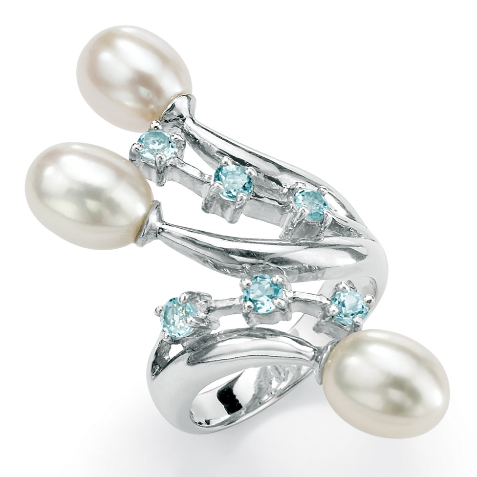 Sterling Silver Cultured Freshwater Pearl and Blue Topaz Bypass Ring