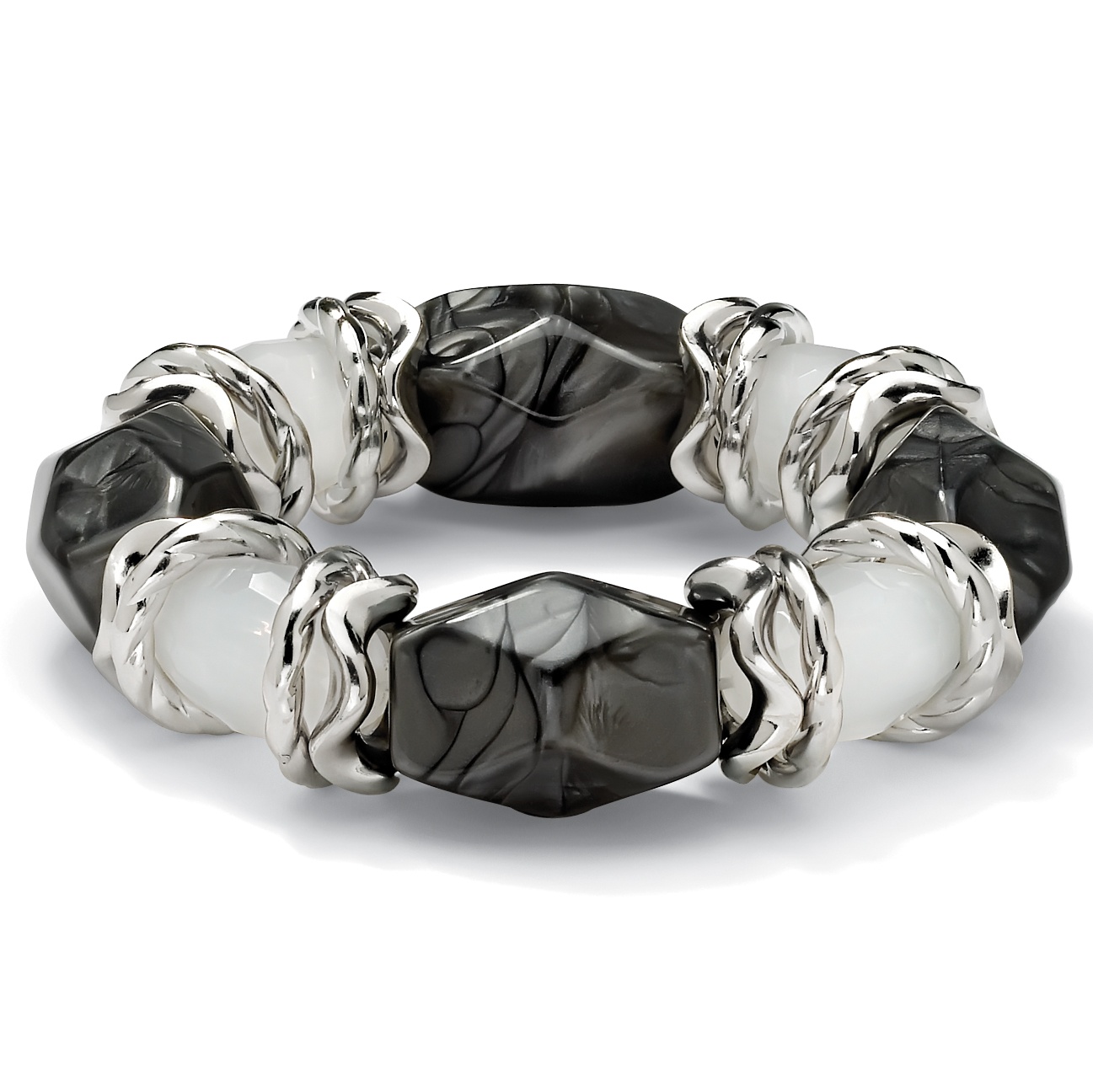 Non-Metal Black, White and Silver-Colored Lucite Stretch Bracelet